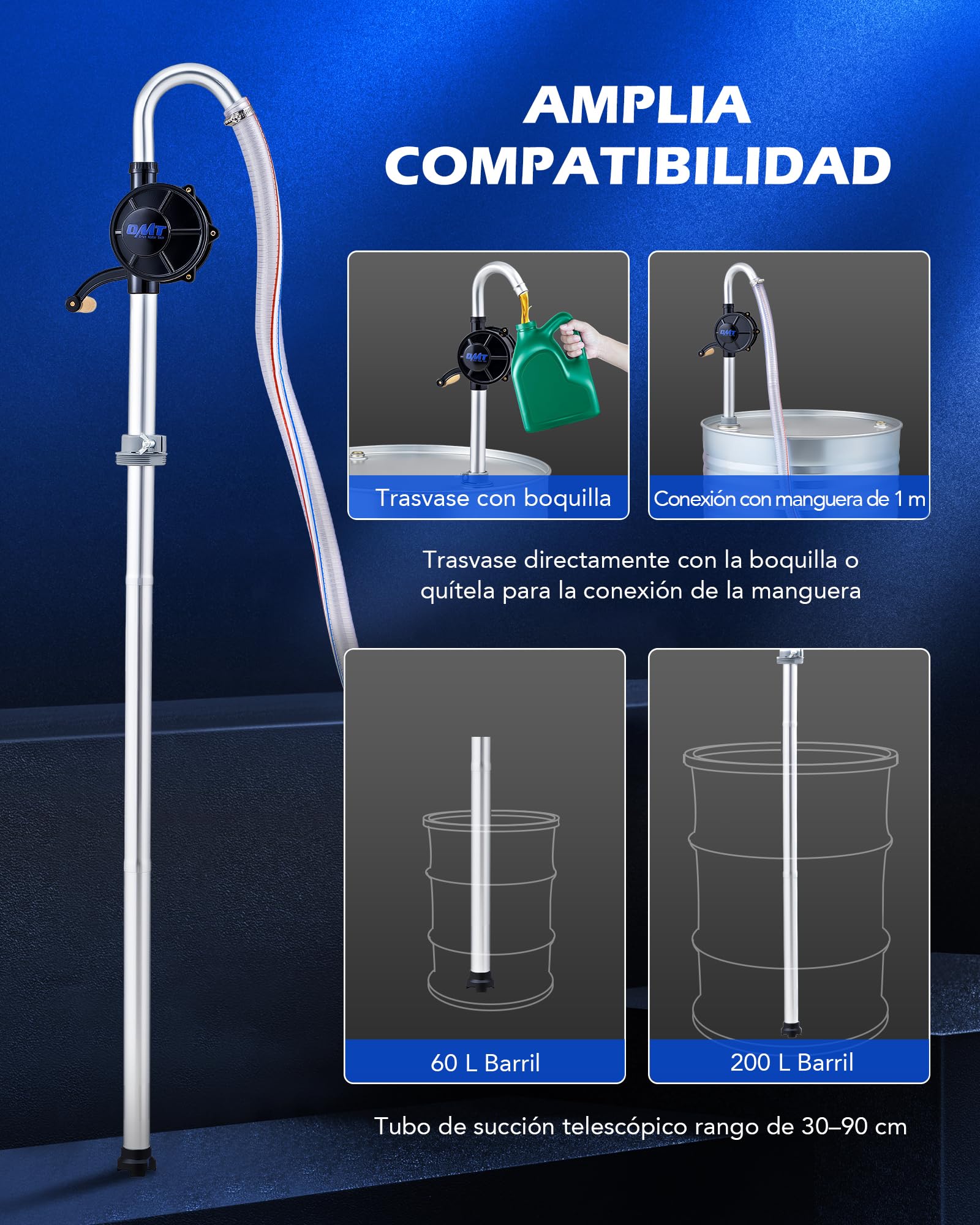 OMT Bomba Manual De Combustible Para Bidón 60L-200L, Aluminio Con Manguera | Tubo Telescópico Regulable, Trasvase De Diésel Y Queroseno, Uso En Taller Y Agricultura, Maletín De Transporte