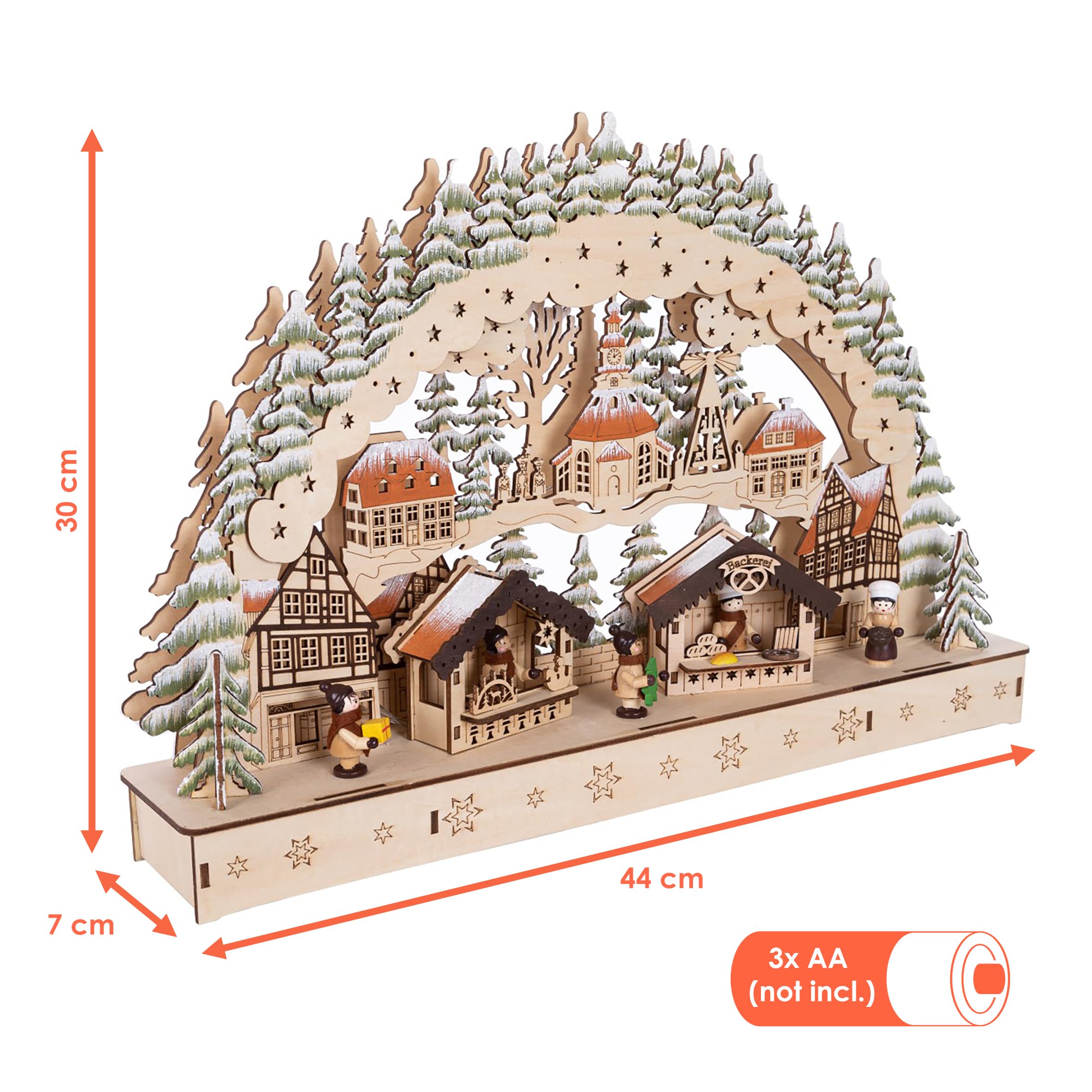 Spetebo Arco de madera LED de 44 x 30 cm – Diseño: Mercado de invierno – Arco de luces con diseño navideño – Decoración de mesa de Navidad, decoración de ventana, decoración de Adviento, invierno,