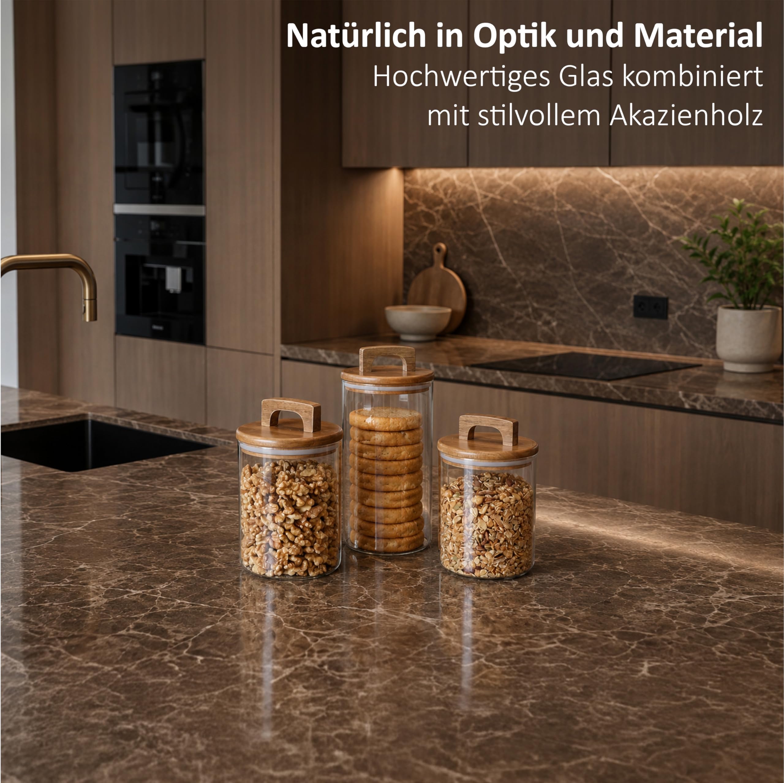 Vorratsdosen mit Deckel luftdicht – Vorratsgläser mit Akaziendeckel Set 4er 1000 ml & 1600 ml – Vorratsgläser mit Deckel luftdicht – Aufbewahrungsbox Küche für Pasta, Reis und Lebensmittel