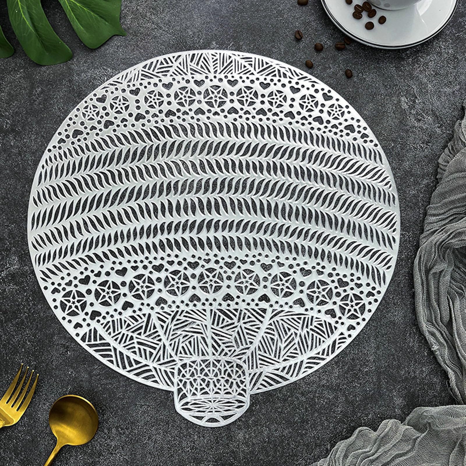 Srebrne podkładki pod talerze z PCW, okrągłe, odporne na wysokie temperatury, do restauracji, 38 x 38 cm, zestaw 10 szt