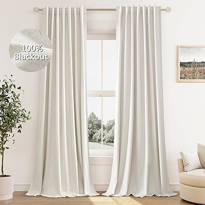 Guken Cream Linen Blackout Curtains 84 Inch Length 2 Panels Set for Living Room Bedroom Back Tab Thermal Insulated 100% Black Out Linen Drapes Room Darkening Window Curtains Ivory Natural