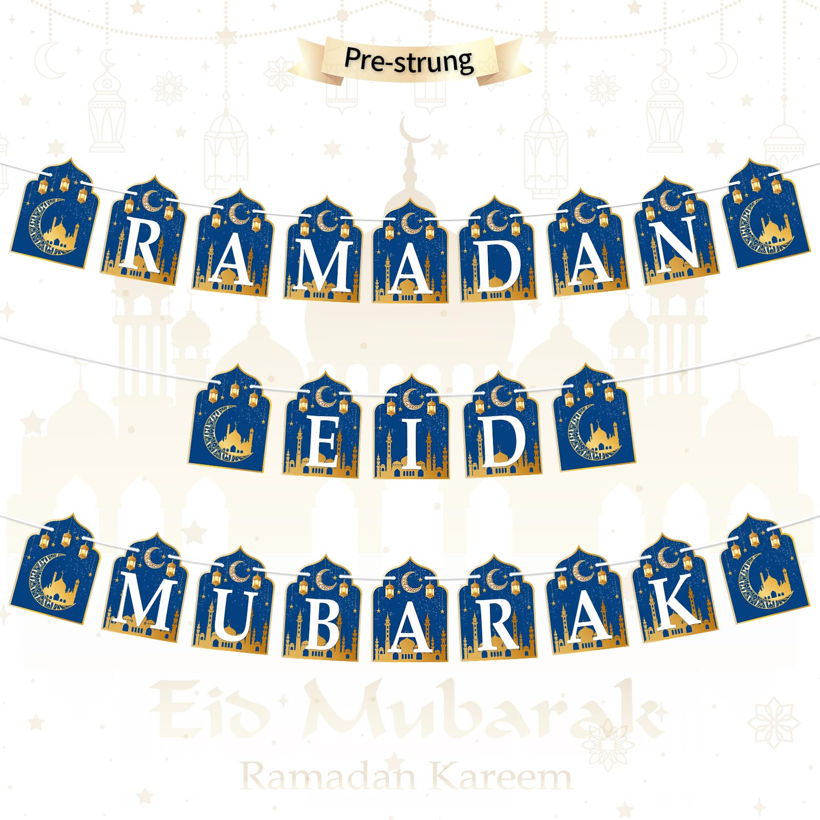 3pcs Ramadan Banner Eid Mubarak Decoration, 2 in 1 Ramadan Kareem Hanging Banners Decor, No DIY Needed Eid Al-Fitr Iftar Party Favor Hang Garland