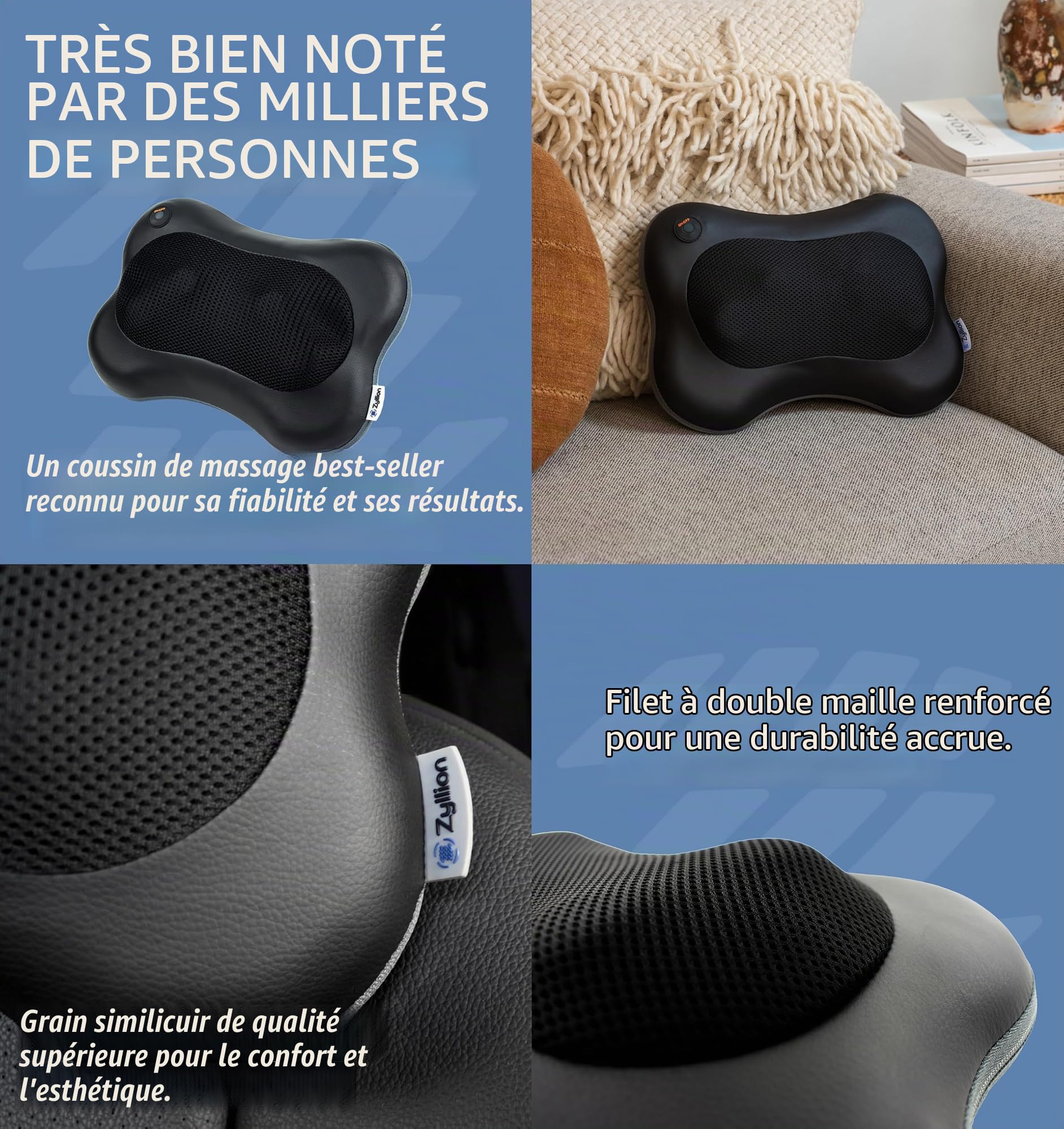 Zyllion Appareil de massage Shiatsu pour le dos et la nuque - Coussin de massage des tissus profonds avec pétrissage 3D et chaleur pour soulager les douleurs musculaires - Noir (ZMA-13-BK)
