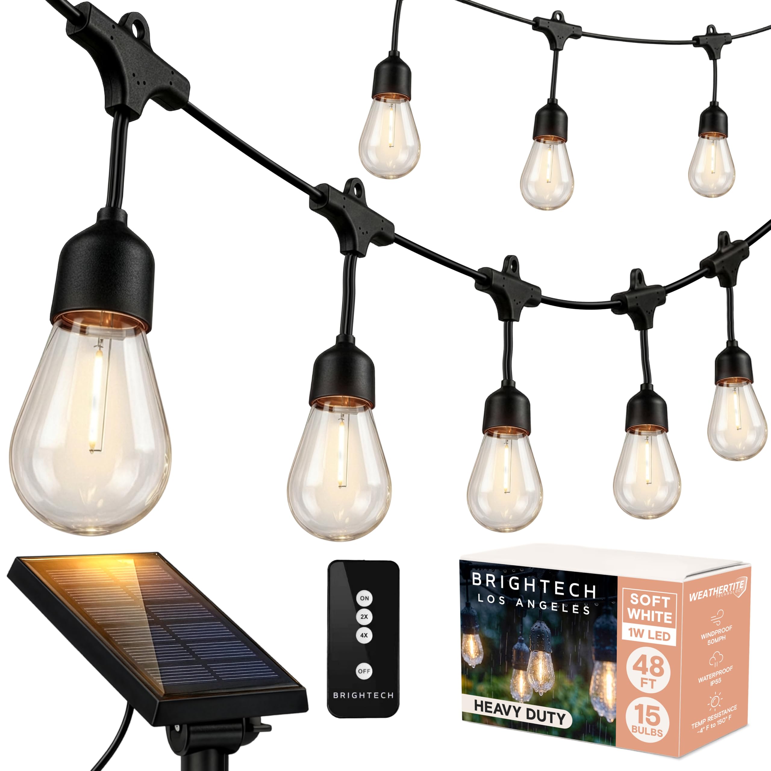 brightech ambience pro – solar power remote control outdoor string lights with edison bulbs – shatterproof, commercial grade led waterproof patio lights – 1w, 3,000k, hanging, 48 ft