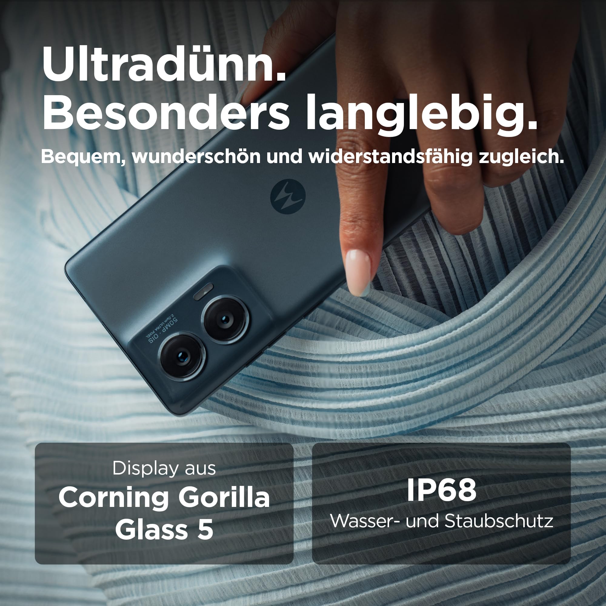 Motorola Moto Edge50 Fusion Smartphone (6,7''-FHD+-pOLED-Display,50-MP-Kamera,8/256 GB,5000 mAh, inkl. 68W-Ladegerät, Android 14) Forest Blue,inkl. Schutzcover+Handyhalterung