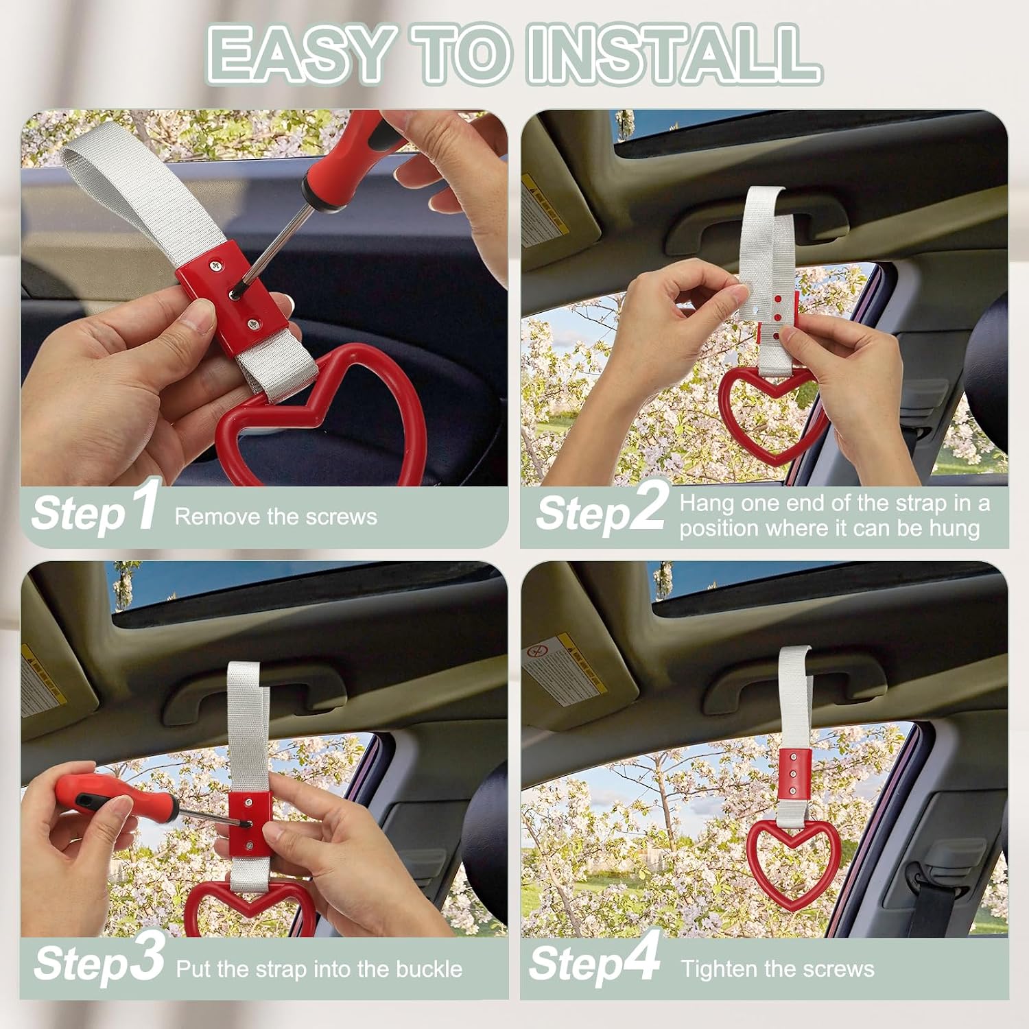 PATIKIL 2 Pcs Heart Shaped Car Handle Straps, Car Hanging Accessories Bumper Warning Ring Drift Charm for Auto Bus Decor Interior Exterior Decoration, Purple (White Strap)