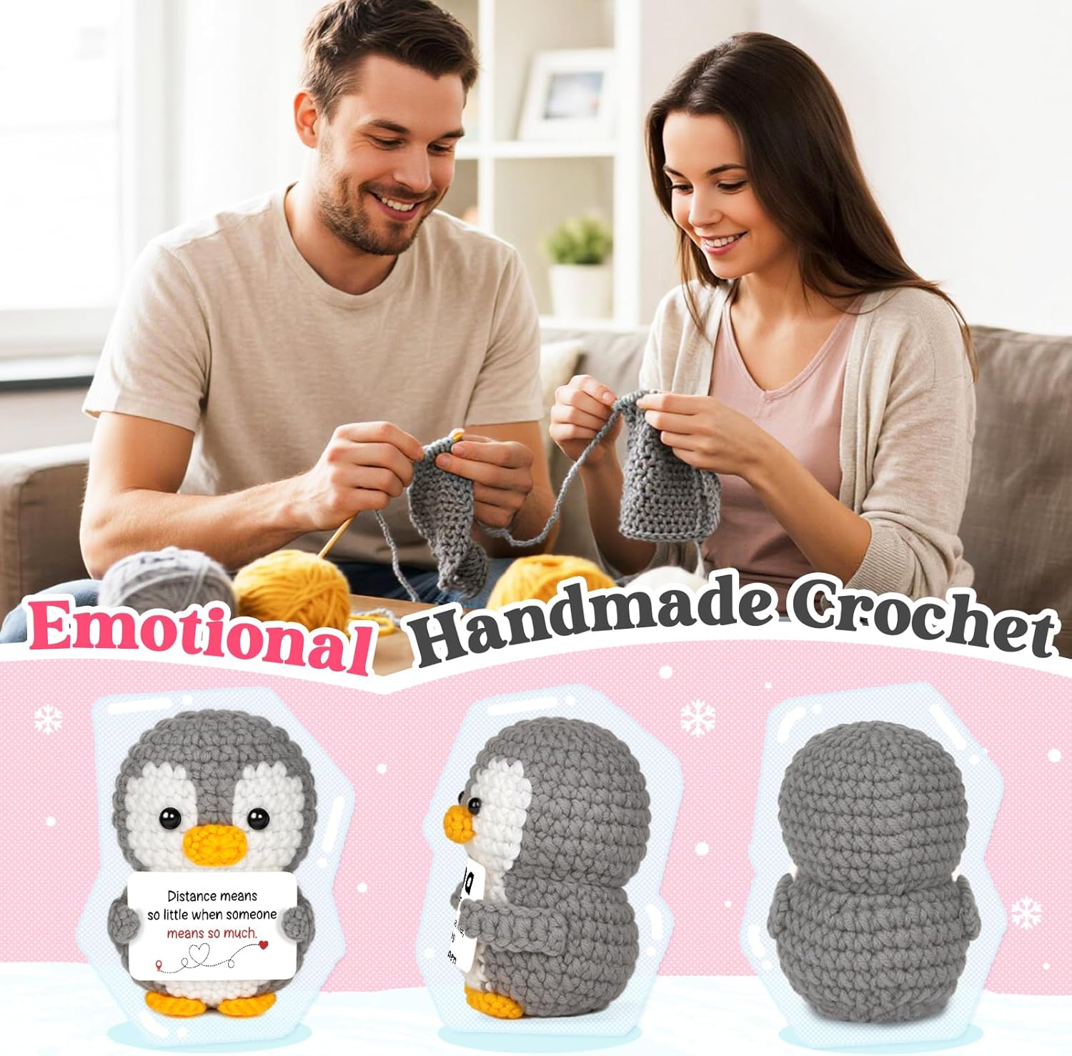 Long Distance Relationship Gifts for Boyfriend Girlfriend Friendship, Miss You Thinking of You Gifts for Friend Couple, Positive Crochet Penguin, Farewell Goodbye Going Away Gift for Him Her
