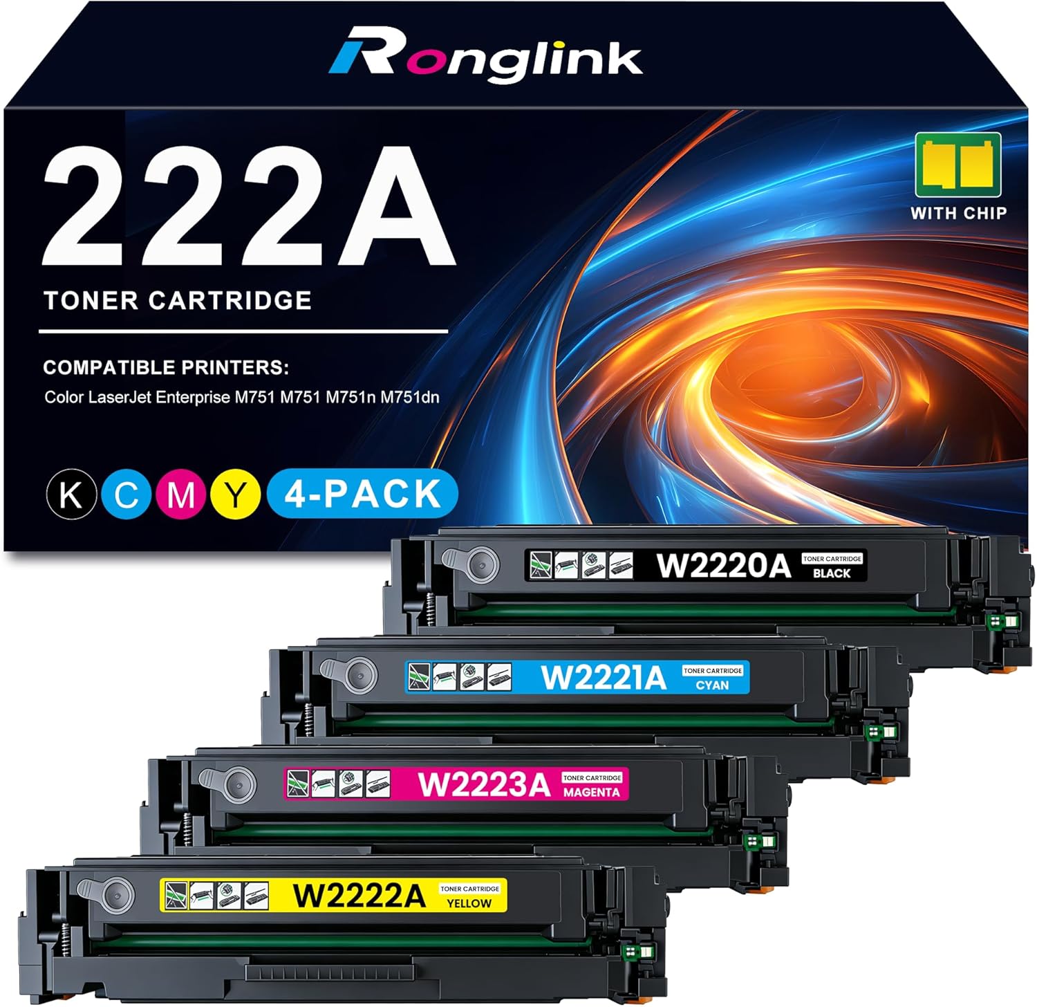 222A Toner Cartridge Set (with New Chip) Replacement for HP 222A W2220A W2221A W2223A W2222A Toner Cartridge for Laser Pro 3288dw 3288dn MFP 3388sdw 3388fdw 3388fdn 3303 3203 Printer (4-Pack, KCMY)