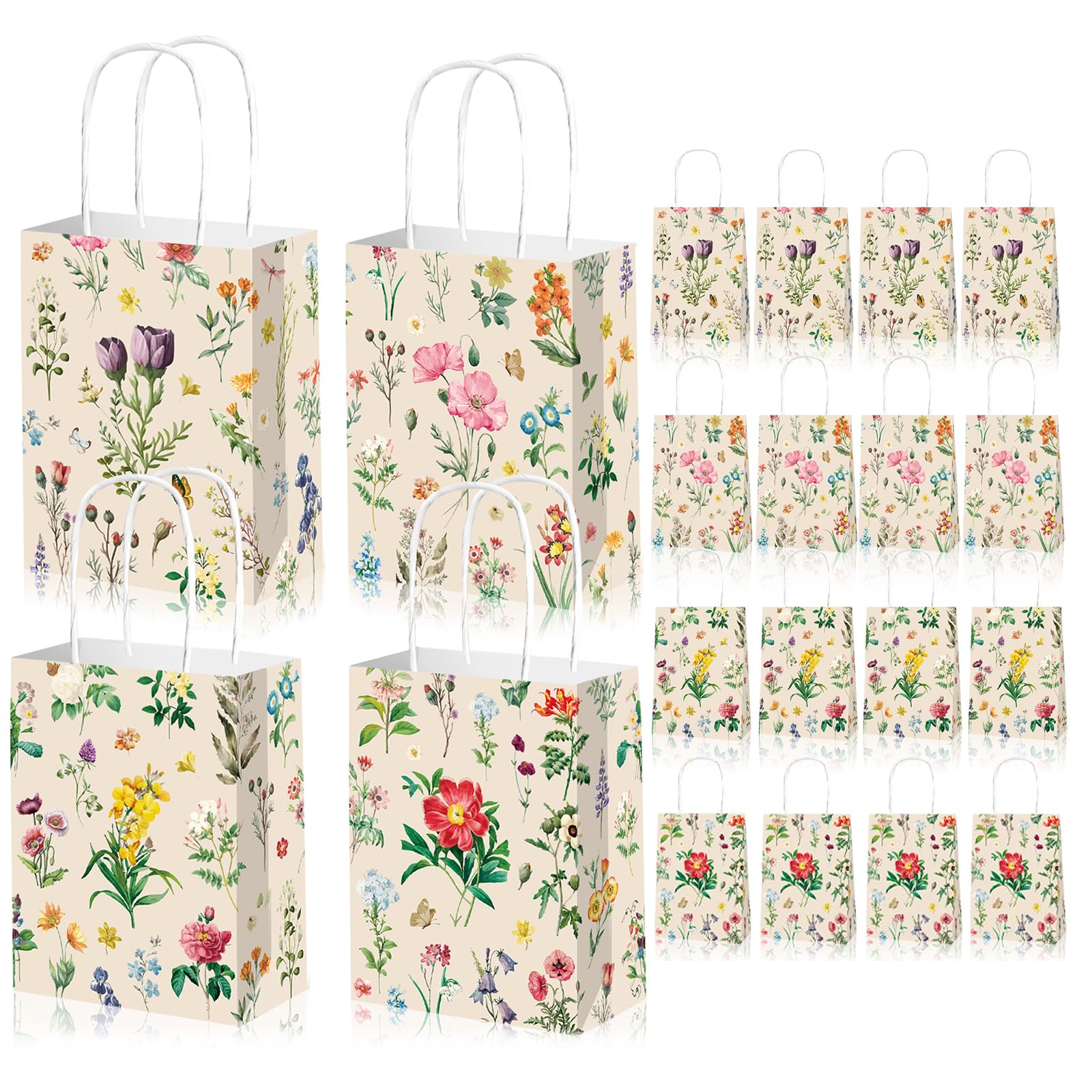 Oriqee 12 Pcs Floral Gift Bags with Handles, 8.3"x6.3"x3.1" Small Kraft Paper Party Bag, 4 Vintage Wildflower Patterns, Reusable Paper Goodie Bags for Birthday, Baby Shower, Wedding & Bridal Shower