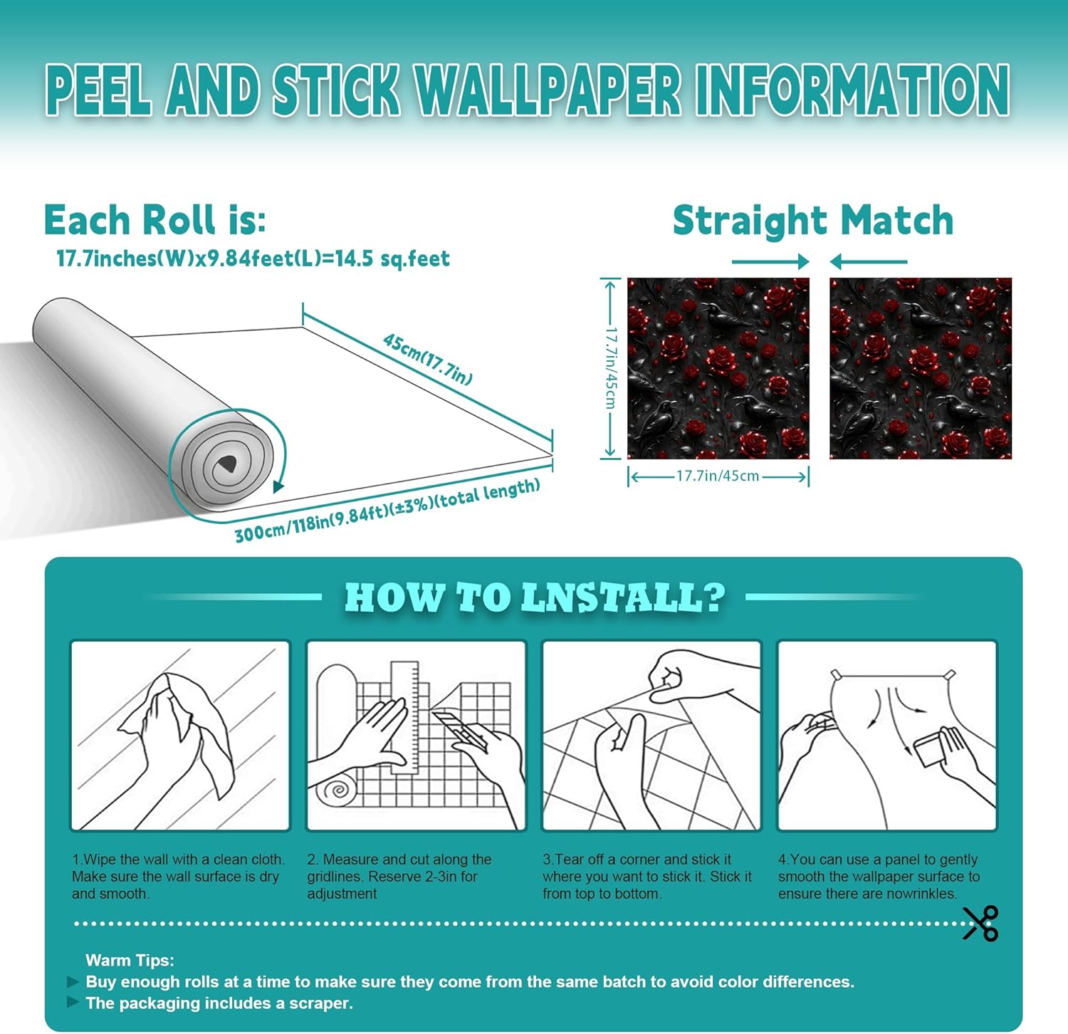Peel and Stick Gothic Wallpaper Self Adhesive Dark Rose Wall Paper Removable Renter Friendly Wallpaper Red Roses and Black Crows Contact Paper for Cabinets Kitchen, 17.7x118 in