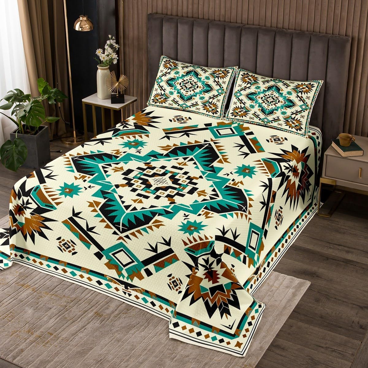 Erosebridal Black Grey Boho Quilt Set Twin Tribal Aztec Geometric Bedspread Native American Southwestern Coverlet Set for Kids Adults,Western Decor Bedding Quilted