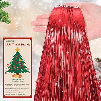 Icicles Tinsel - 5000 Strands 19" Icicle Tinsel Strands for Christmas Tree- Shiny Foil Fringes Tinsel Christmas Tree Decorations for Xmas Tree Holiday Decor Birthday Wedding Party Supplies, Red