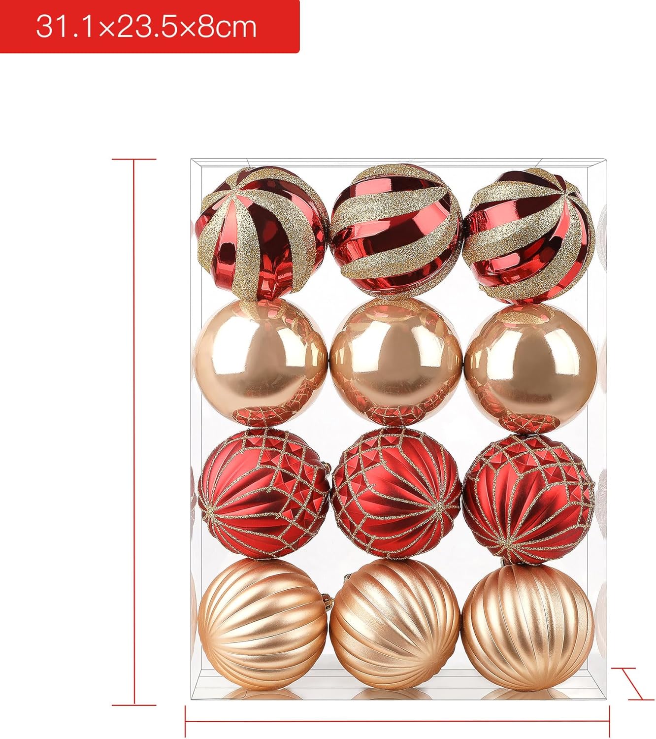 SHareconn 12ct 3.15 Inch Christmas Tree Balls Ornaments, Colored Shatterproof Plastic Decorative Baubles Decorations for Xmas Tree Decor Holiday Party Wedding Decoration (Red & Gold, 80mm) - Image 5