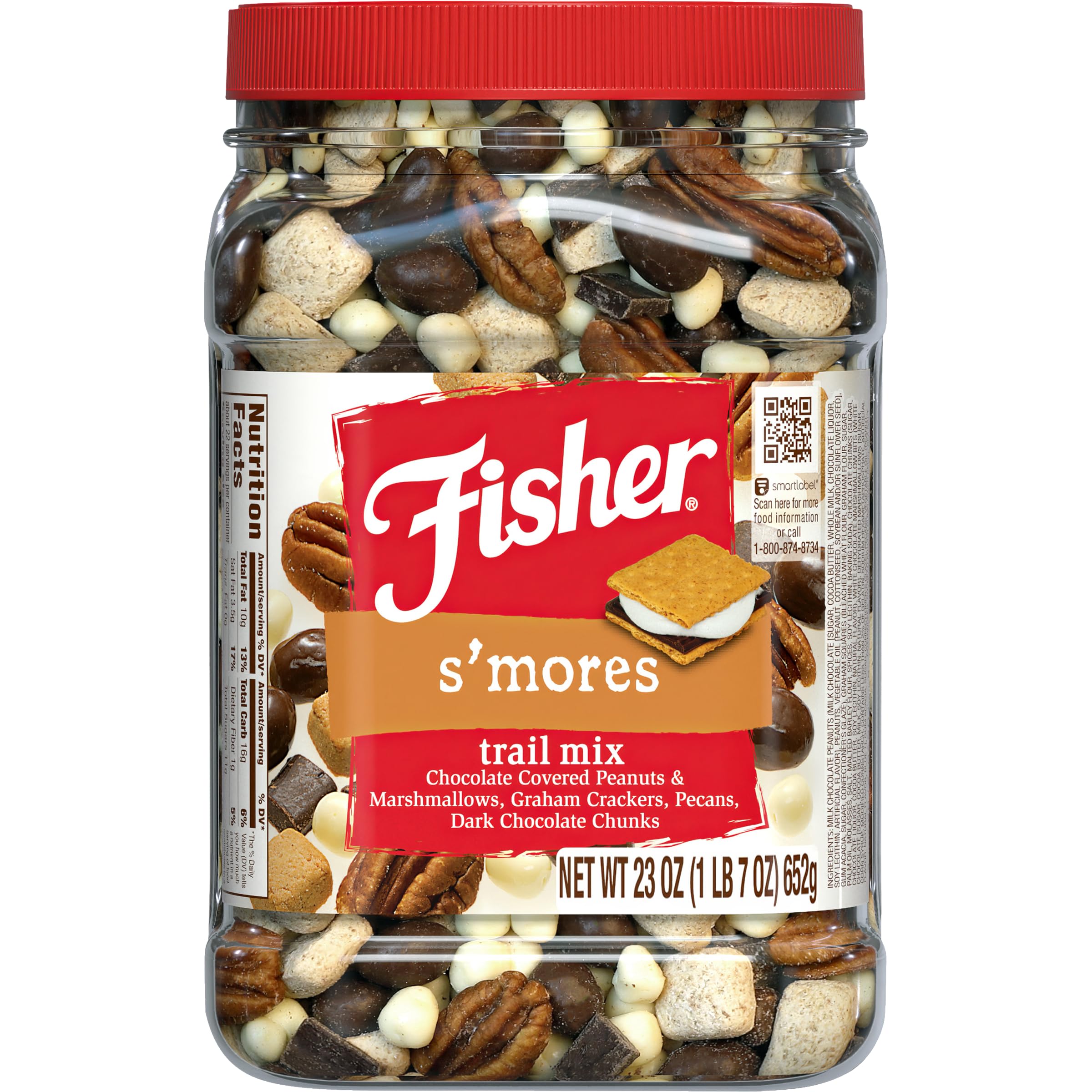 Fisher S’mores Trail Mix, 23 oz Jar, Packed with Chocolate-Covered Peanuts & Marshmallows, Graham Crackers, Pecans and Dark Chocolate Chunks, Bulk Trail Mix, Snack for Adults