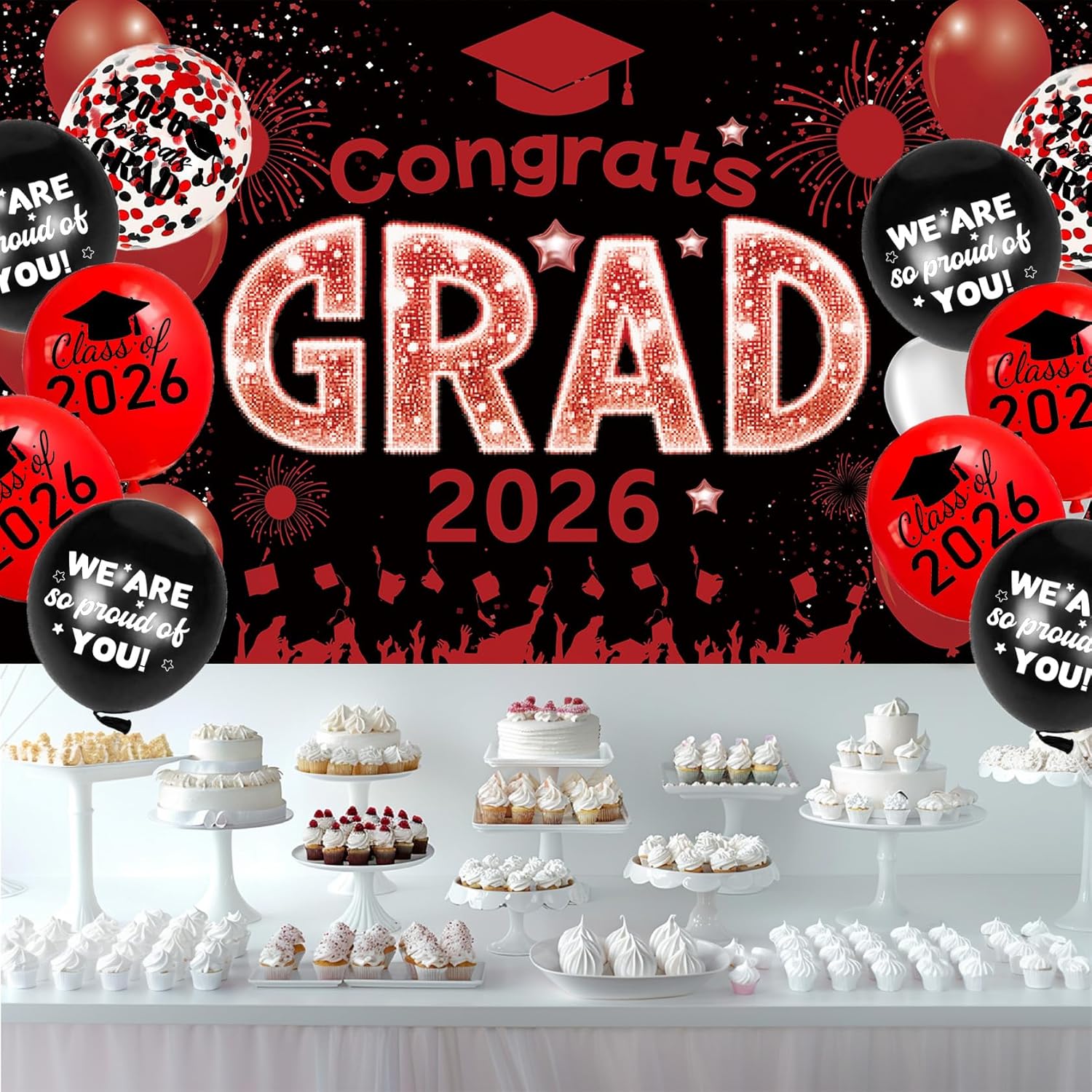 Red and Black Graduation Decorations Class of 2026 Banner with 18 Pcs Balloons Set - Large Congrats Grad 2026 Graduation Backdrop Decor, Red Graduate Balloons Grad Party Decorations - Image 5