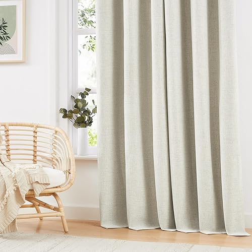 Miniatura 7 de Cortinas 100% opacas para dormitorio, cortina de lino negro de granja de 84 pulgadas de largo, juego de 2 paneles, cortinas de ventana con textura