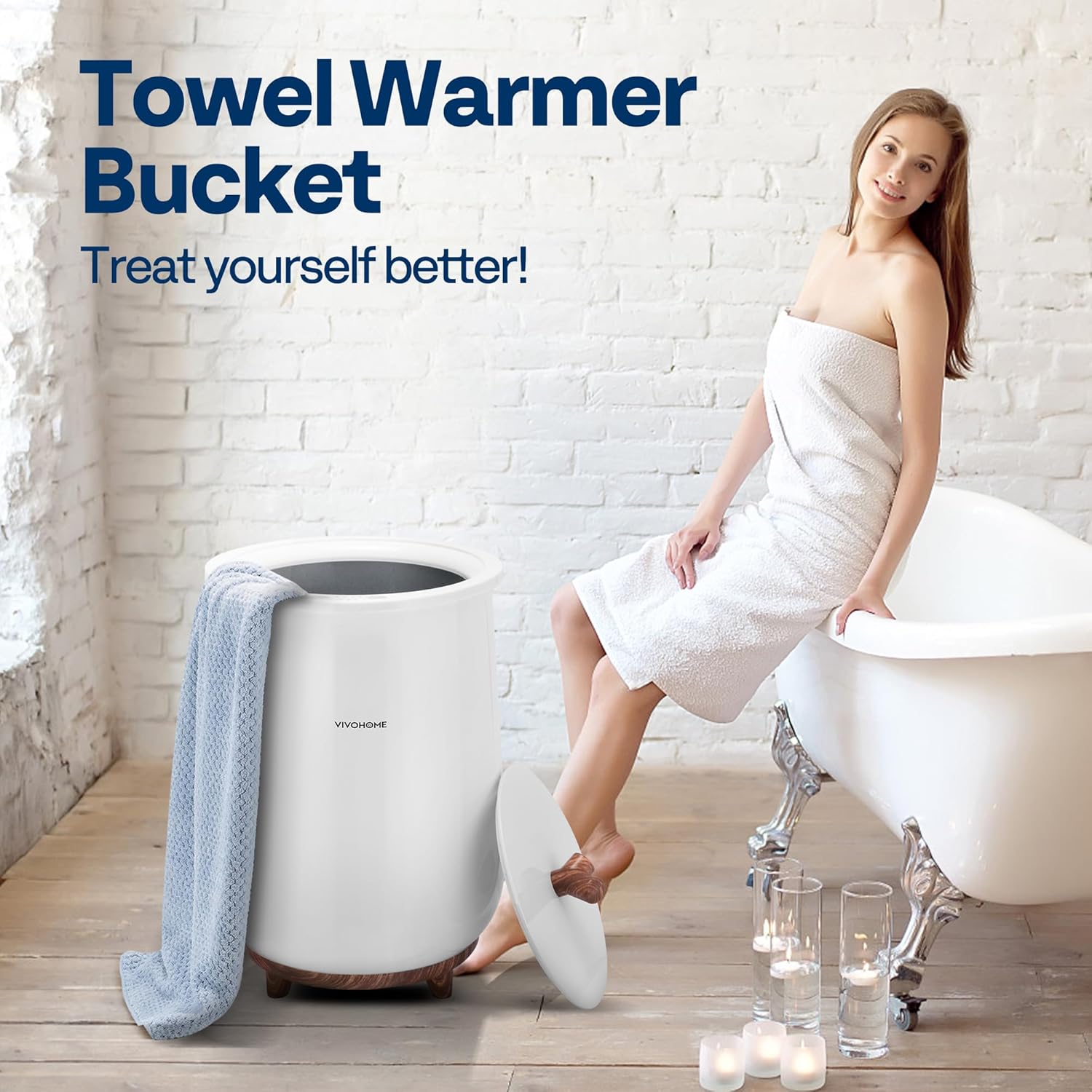 vivohome 20l towel warmer for bathroom, large towel heater bucket with keep warm feature, 4 timer and 3 temperature settings, suitable for oversized towels, blankets, bathrobes white & wood