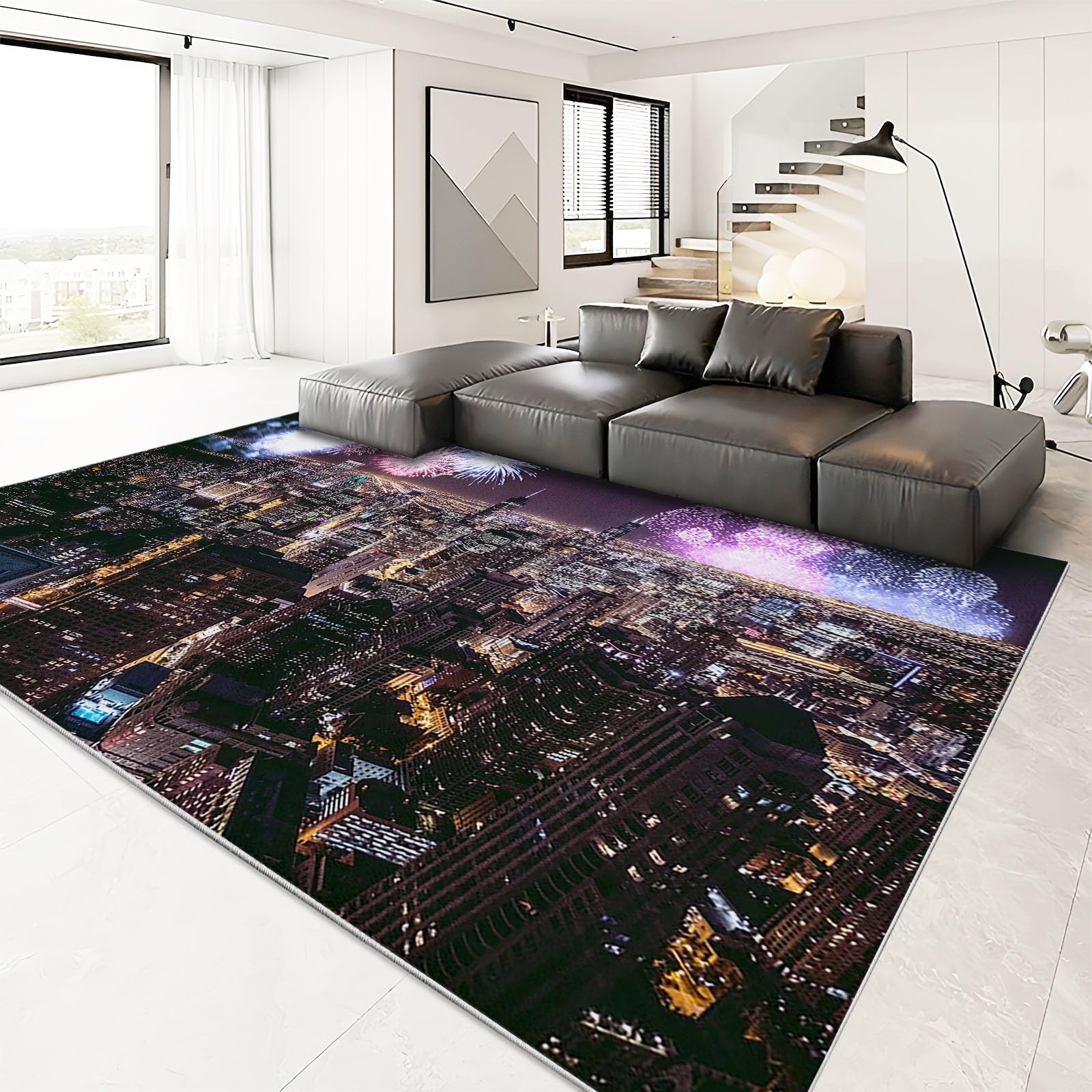 Dywan do sypialni, 80 x 150 cm, nocne fajerwerki w Nowym Jorku, nadruk dekoracyjny, miękki dywan z krótkim włosiem, antypoślizgowy, nadaje się do prania, do korytarza, jadalni, kuchni i pokoju