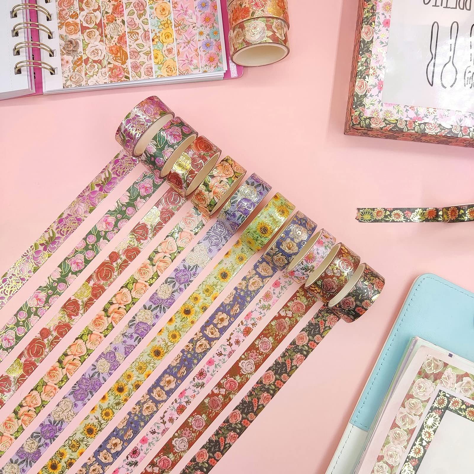 Washi Tape Set 10 Rotoli - Nastro Adesivo Decorativo Floreale Stile Acquerello Cinese, Larghezze 30/15/8/5 Mm, 2m Cad. Per Scrapbooking E Bullet Journal