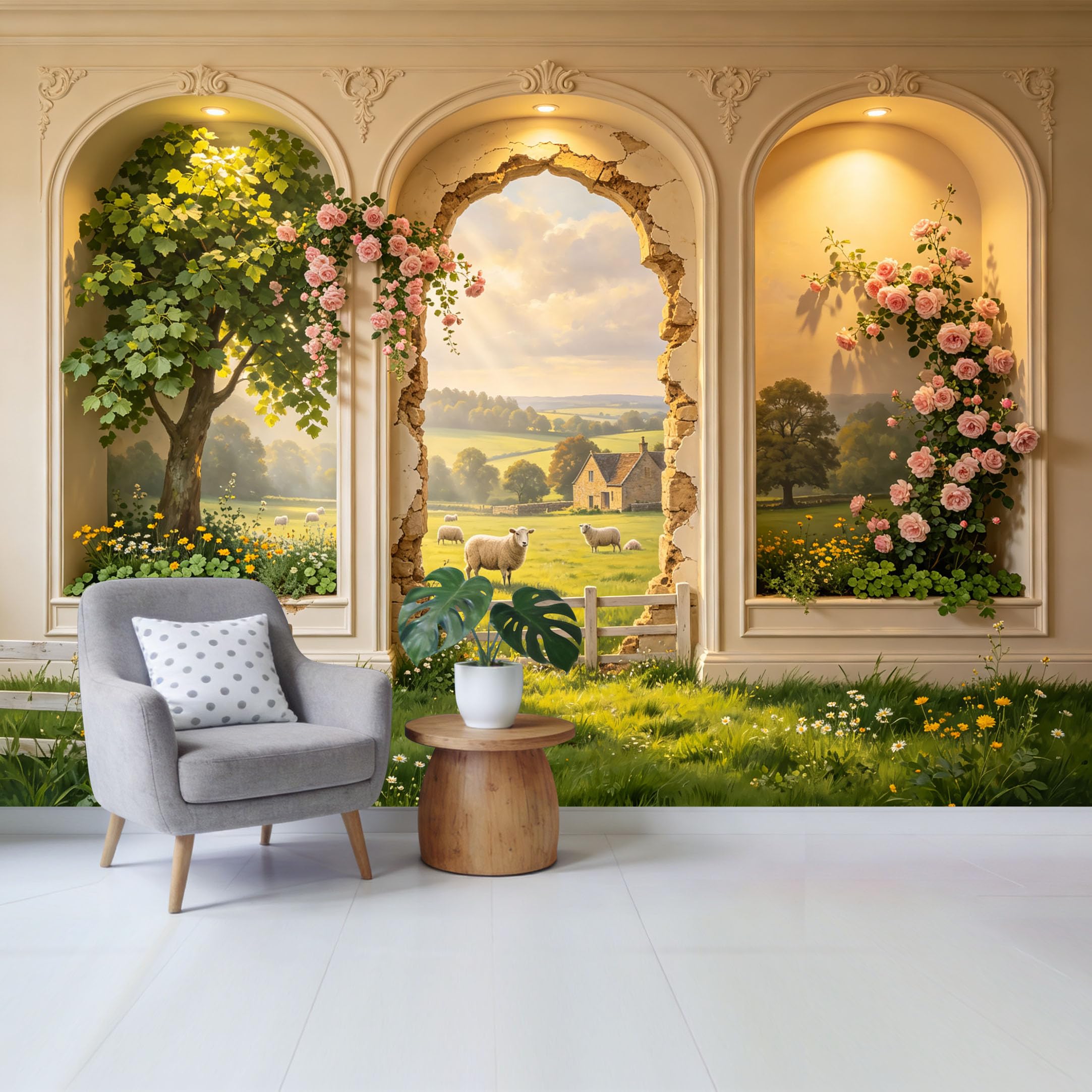 Custom Size Wall Mural Countryside Landscape Farmhouse Green Pasture Sheep Cottage Rose Floral Arch Removable Self Adhesive Fabric Home Wall Decor for Living Room Bedroom Bathroom