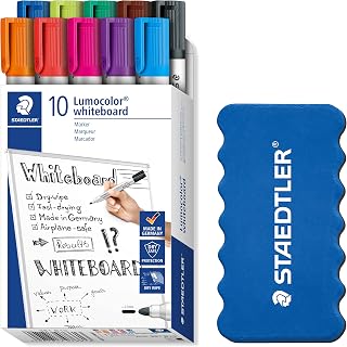 STAEDTLER Lumocolor whiteboard marker, line width approx. 2.00 mm, quick-drying, low-odour, long life, blocked tip, 10 whiteboard markers including sponge, 351 B10P1X
