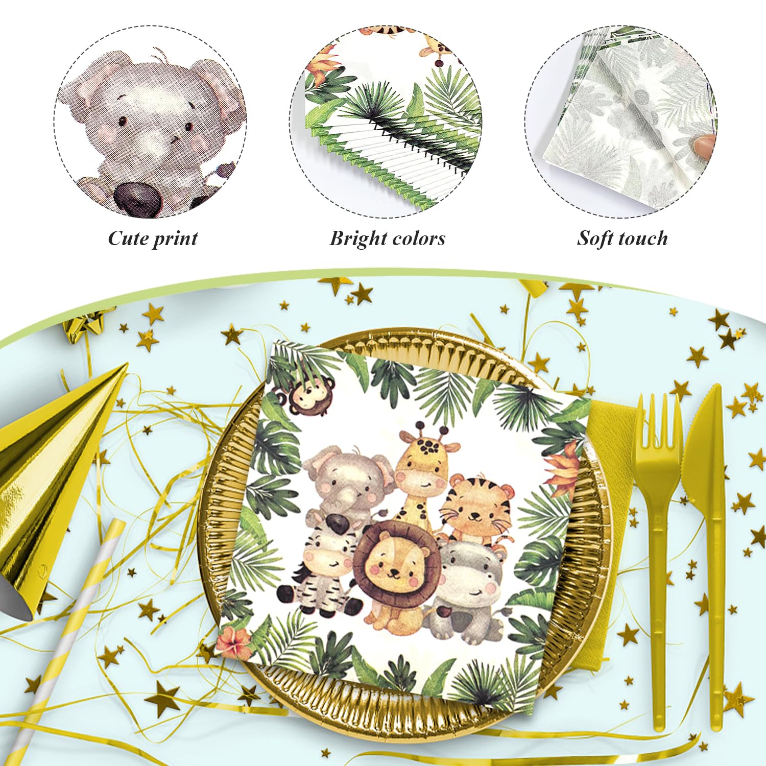 40 Servilletas Con Estampado De Animales Y 1 Mantel, Juego De Decoración Para Fiestas Infantiles, Diseño Lindo De Dibujos Animados, Adecuado Para Fiestas De Cumpleaños, Diseño De Mesa De Fiesta.