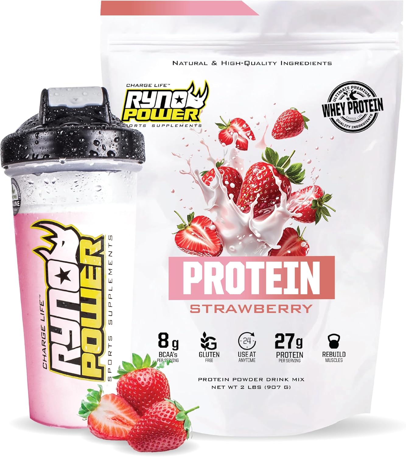 Ryno Power All Natural Whey Protein 2lb (20 Servings) 'Strawberry' - 100% Whey Protein Blend & No Fillers - Non GMO