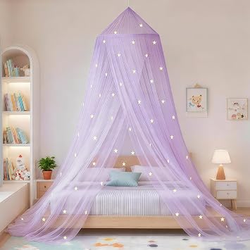 Stars Bed Canopy Glow in The Dark, Bed Canopy for Girls Mosquito Net, Princess Canopy for Girls Bed Room Decor, Purple