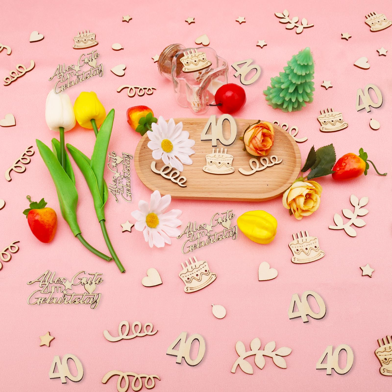 140 Confettis En Bois Pour 40 Ans - Décoration Table Anniversaire Avec Chiffre 40, Cœurs, étoiles (2-6,5cm) - 3