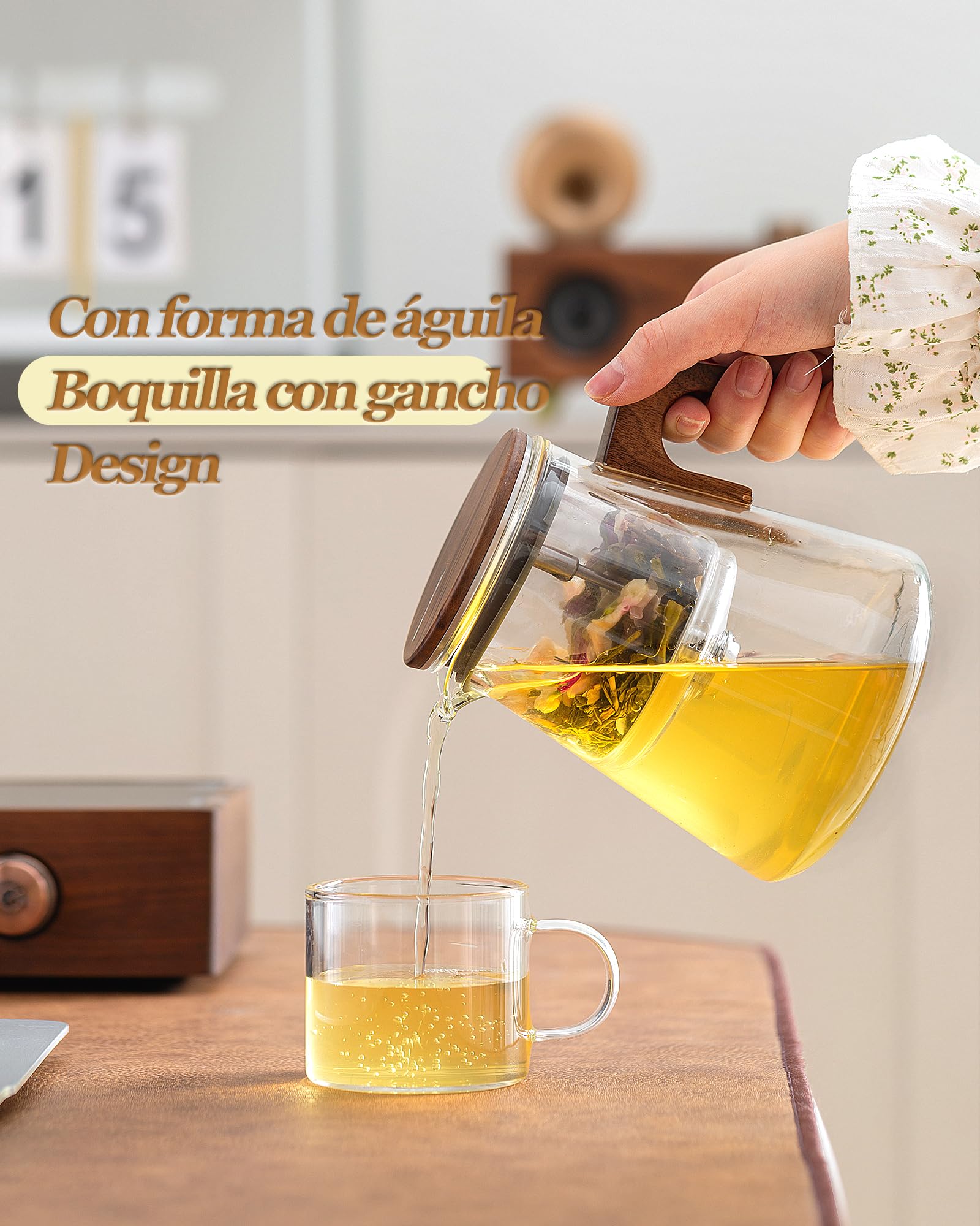 Tetera de cristal para separación de agua con filtro, Magnética Flujo hacia abajo, Tetera infusiones mágica para té en, mango de madera de nogal, regalos para los amantes del té-800ML