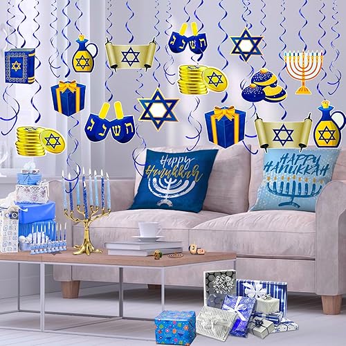 Miniatura 6 de TURNMEON 30 piezas de decoraciones de Hanukkah colgantes – Menorah Star of David Dreidel 9 estilos Hanukkah suministros para fiesta de Janucá,
