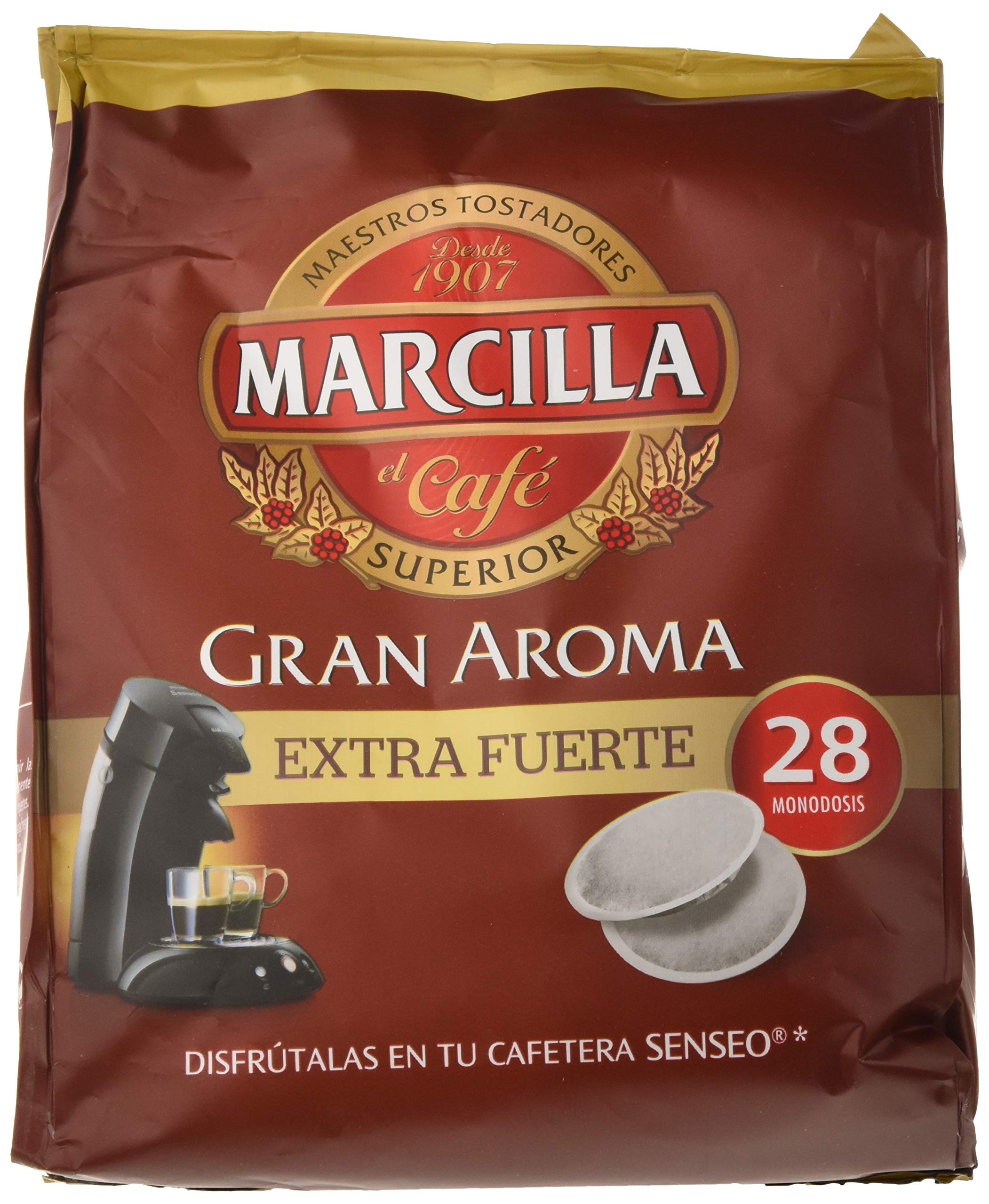 Marcilla Café Extra Fuerte para máquina Senseo - 5 paquetes de 28 monodosis (Total 140 monodosis) & Gran Aroma Descafeinado - [Pack de 5]