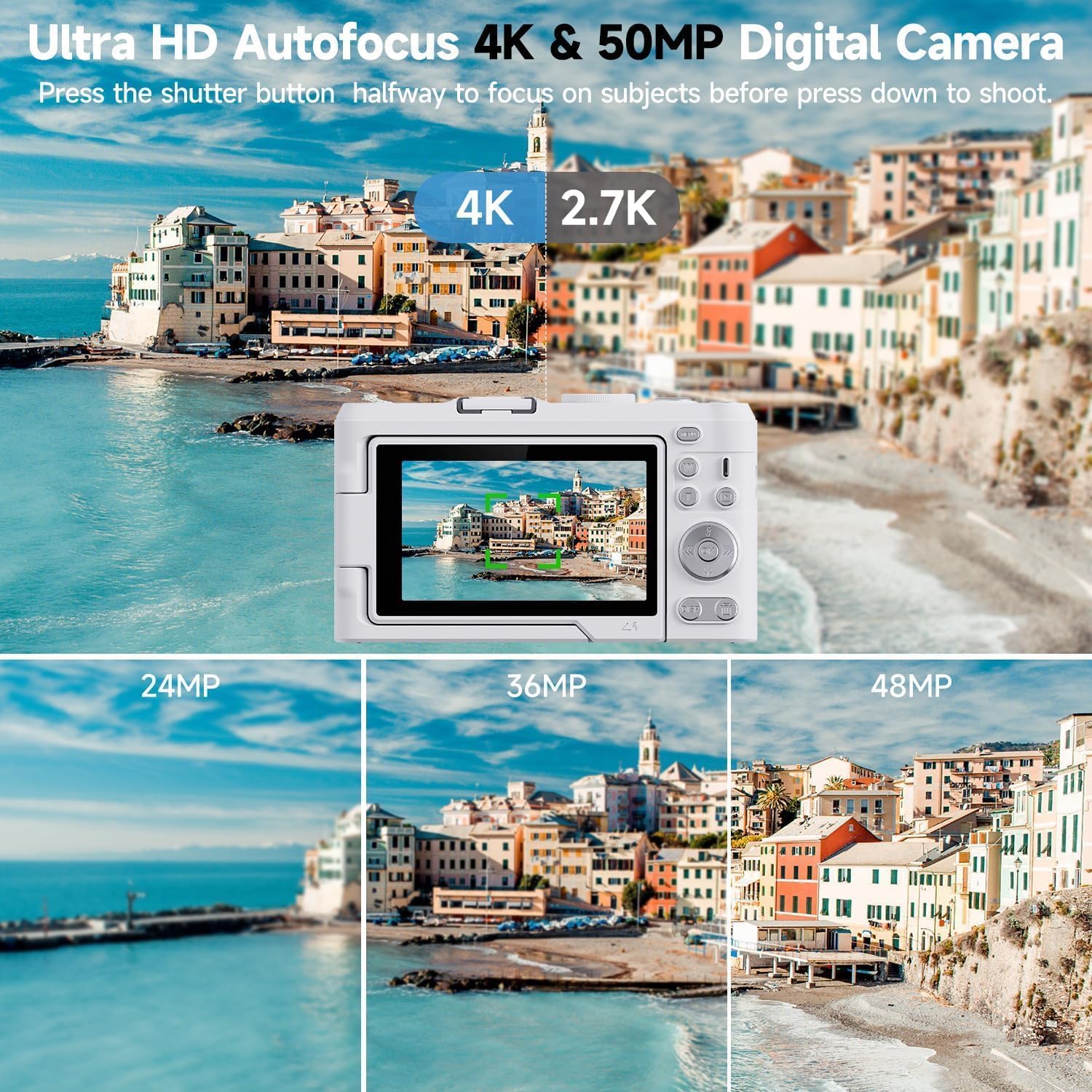 Digital Camera 4K for Photography, 50MP Vlogging Camera for YouTube Video with Flash and 3" 180° Flip Screen, 18X Digital Zoom Compact Travel Cameras with 64GB TF Card for Teens Beginner (White)