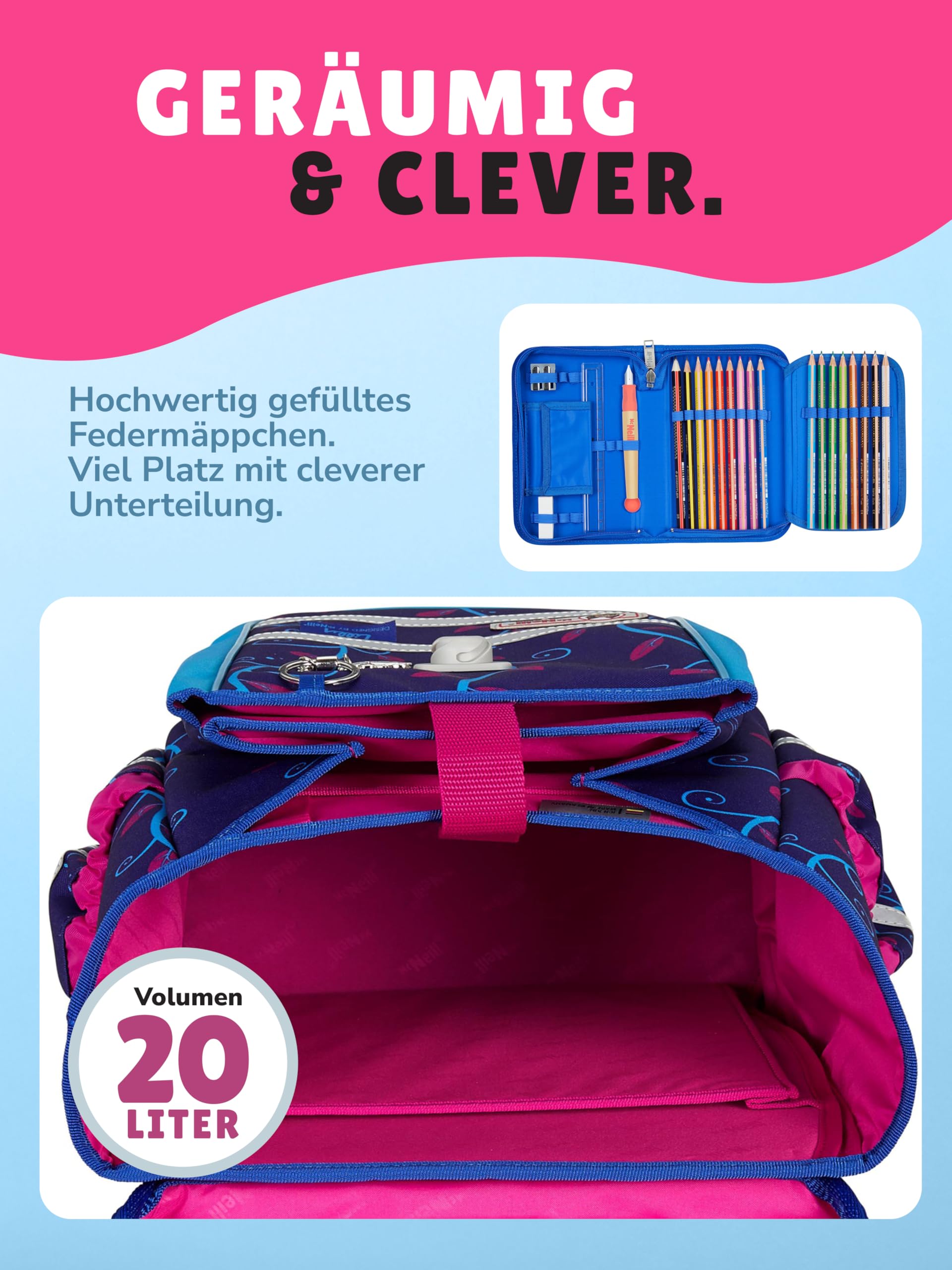 Familando - McNeill Ergo Complete Schulranzen Set - 10-teilig - Lilly Einhorn/Unicorn - Ergonomisch & 3-Fach verstellbar - 1150g leicht mit 20L Volumen & Reflektoren - Für Grundschule ab 1. Klasse
