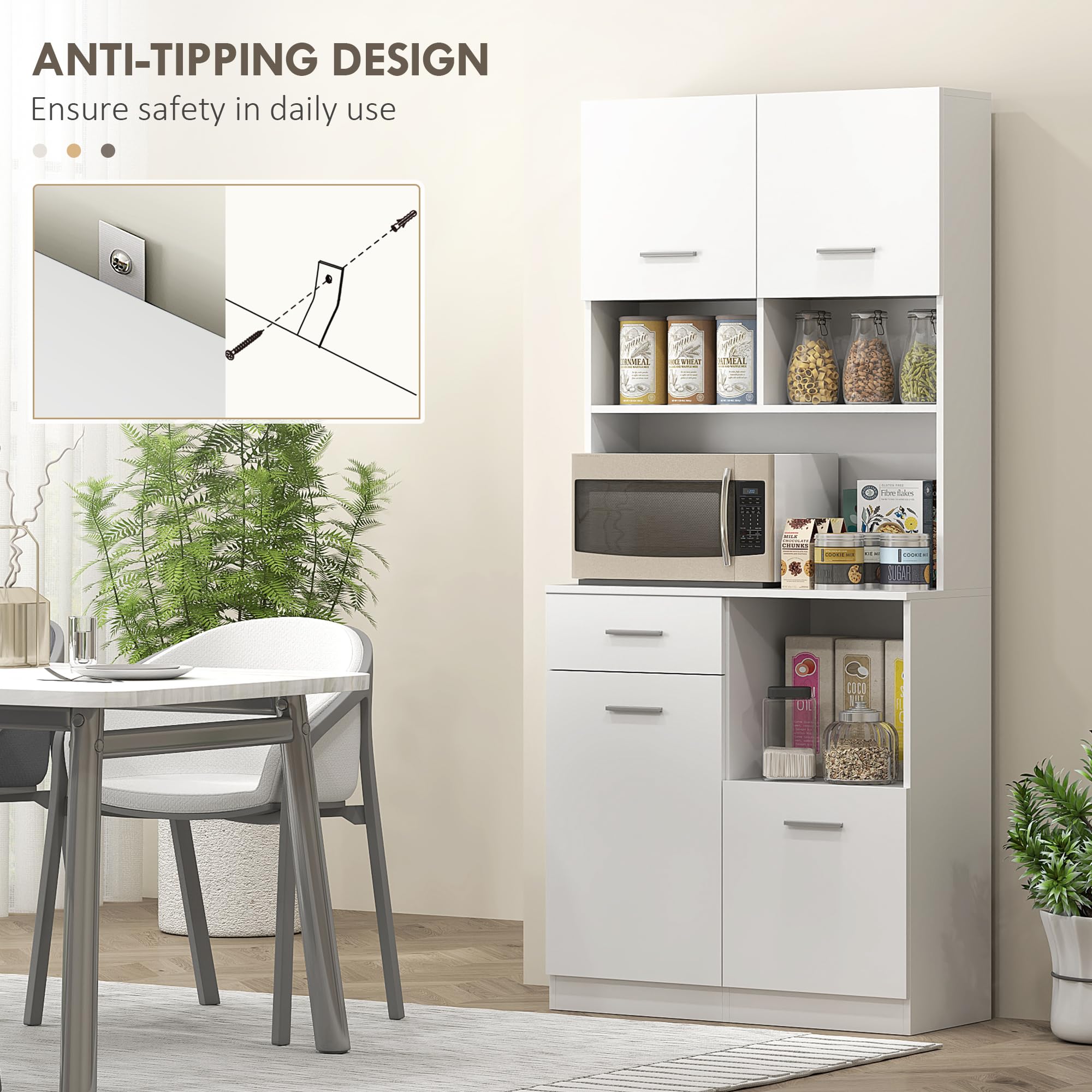 HOMCOM Hohe Küchenanrichte mit Schublade 4 Schränke 80x35x180cm Weiß | 3 offene Fächer, Vorratsschrank, verstellbares Holzregal, für Wohnzimmer & Küche