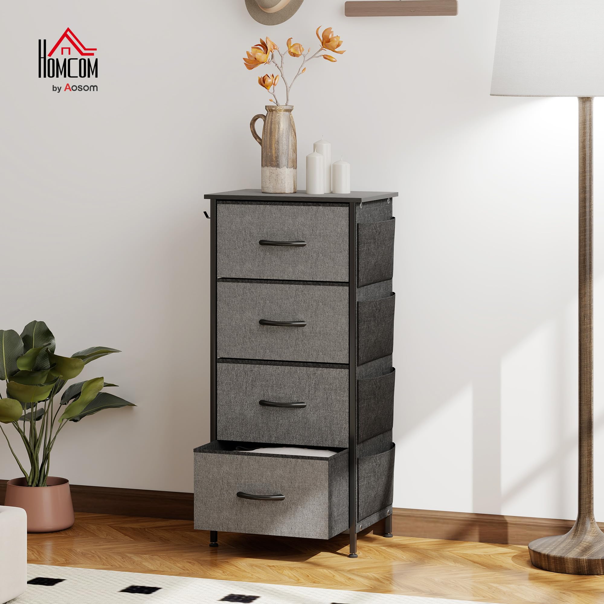HOMCOM Commode 4 Tiroirs en Tissu 4 Poches 2 Crochets Gris