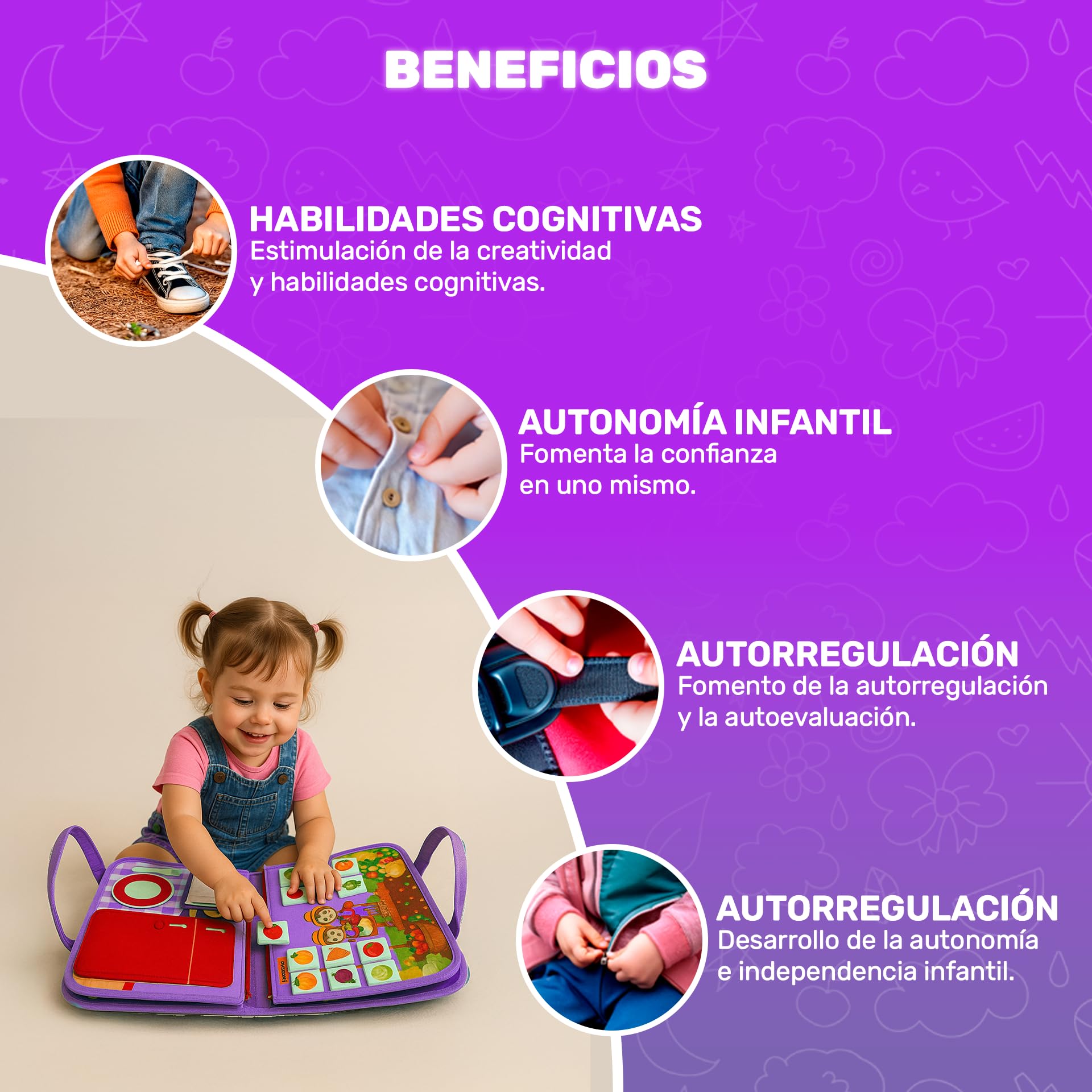 Busy Board Montessori Sirenas 20 en 1 – Libro Sensorial Bebé 1 Año – Juguete Educativo sin Pantallas para Viaje – Motricidad Fina y Autonomía Infantil – Regalo Niñas 1-6 Años