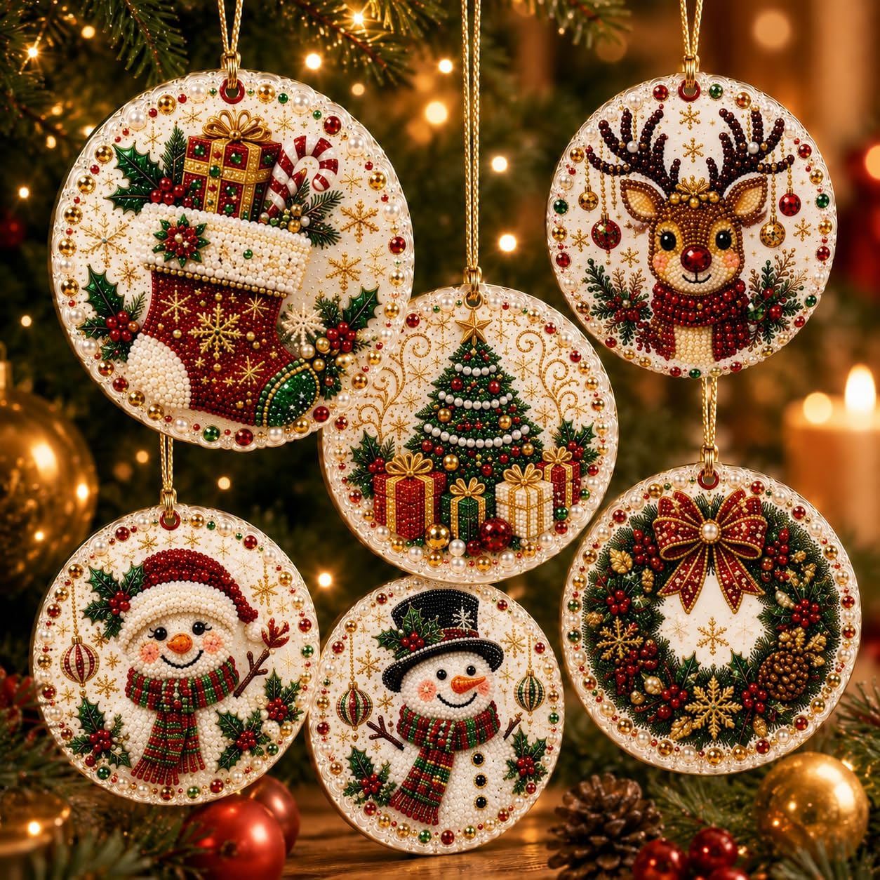 6PCS DIY Wooden Christmas Ornaments, Pearl Diamond Art Kits for Adults
