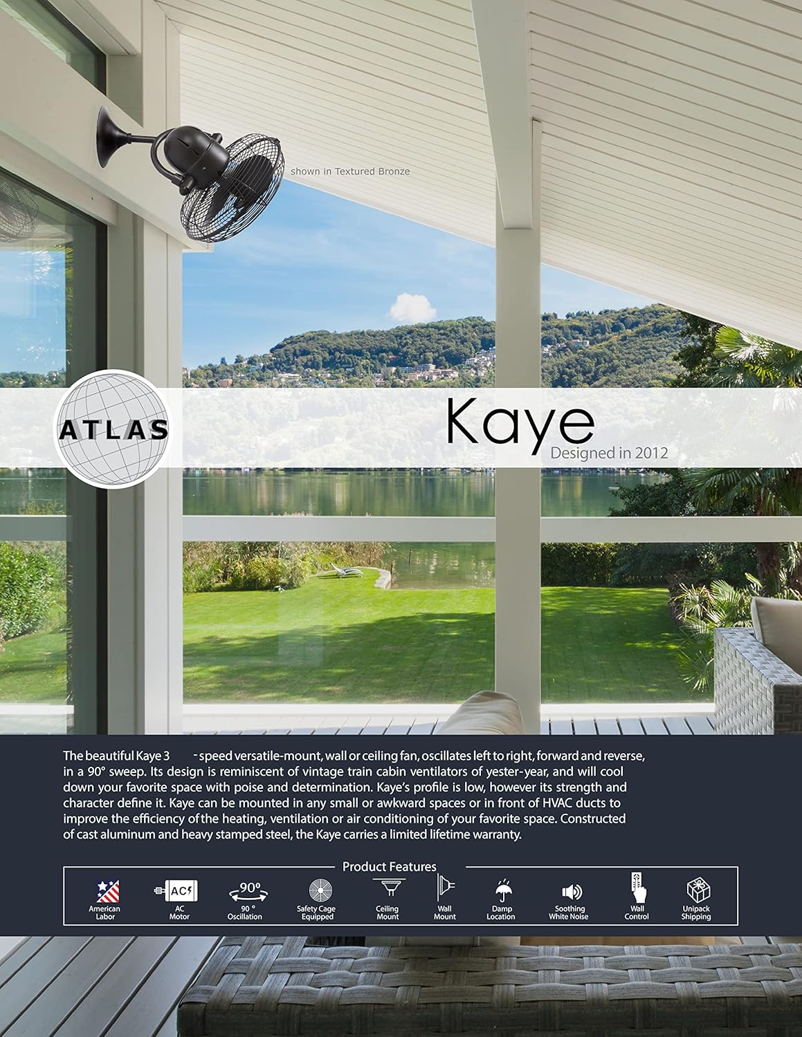 Matthews KC-WH Kaye 13" Indoor/Outdoor Damp Rated 90 Degree Oscillating Wall Mount Fan/Ceiling Fan with Wall Control, 3 Metal Blades, Gloss White