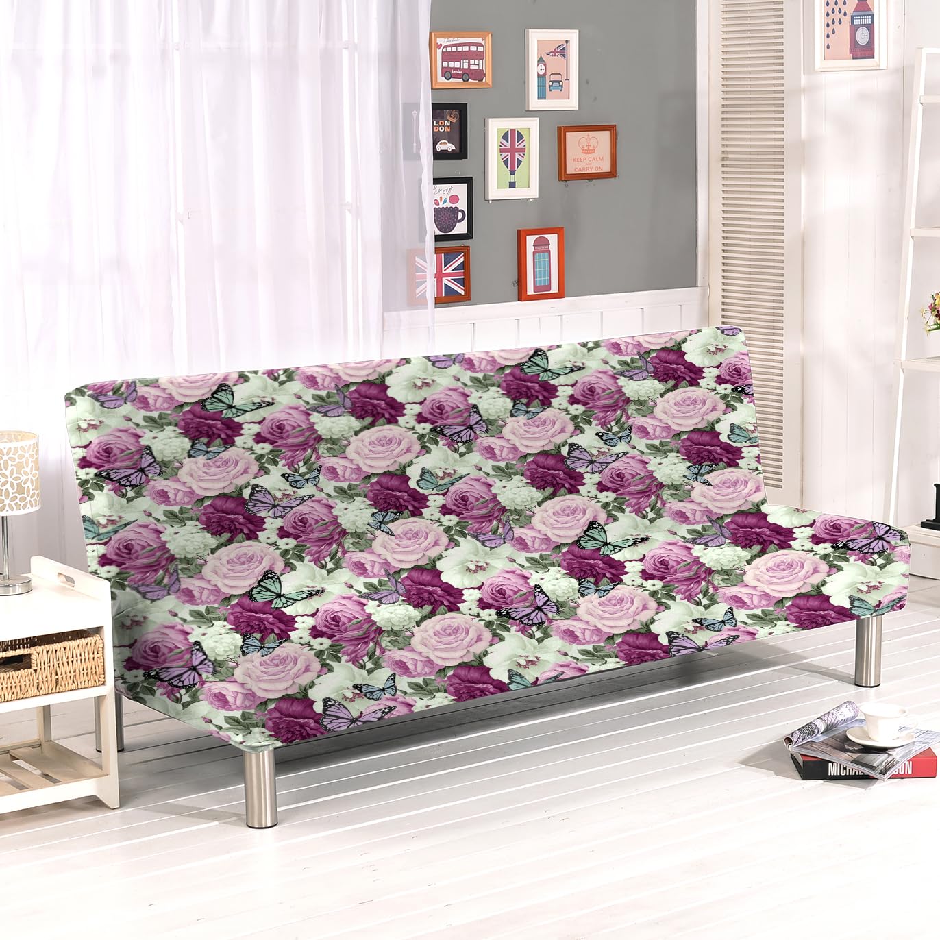 Armless Sofa Bed Cover Polyester Spandex Stretch Futon Slipcover Protector 3 Seater Elastic Full Folding Couch Sofa Cover fits Folding Sofa Bed without Armrests 80" x 50" in(Butterfly Flower)