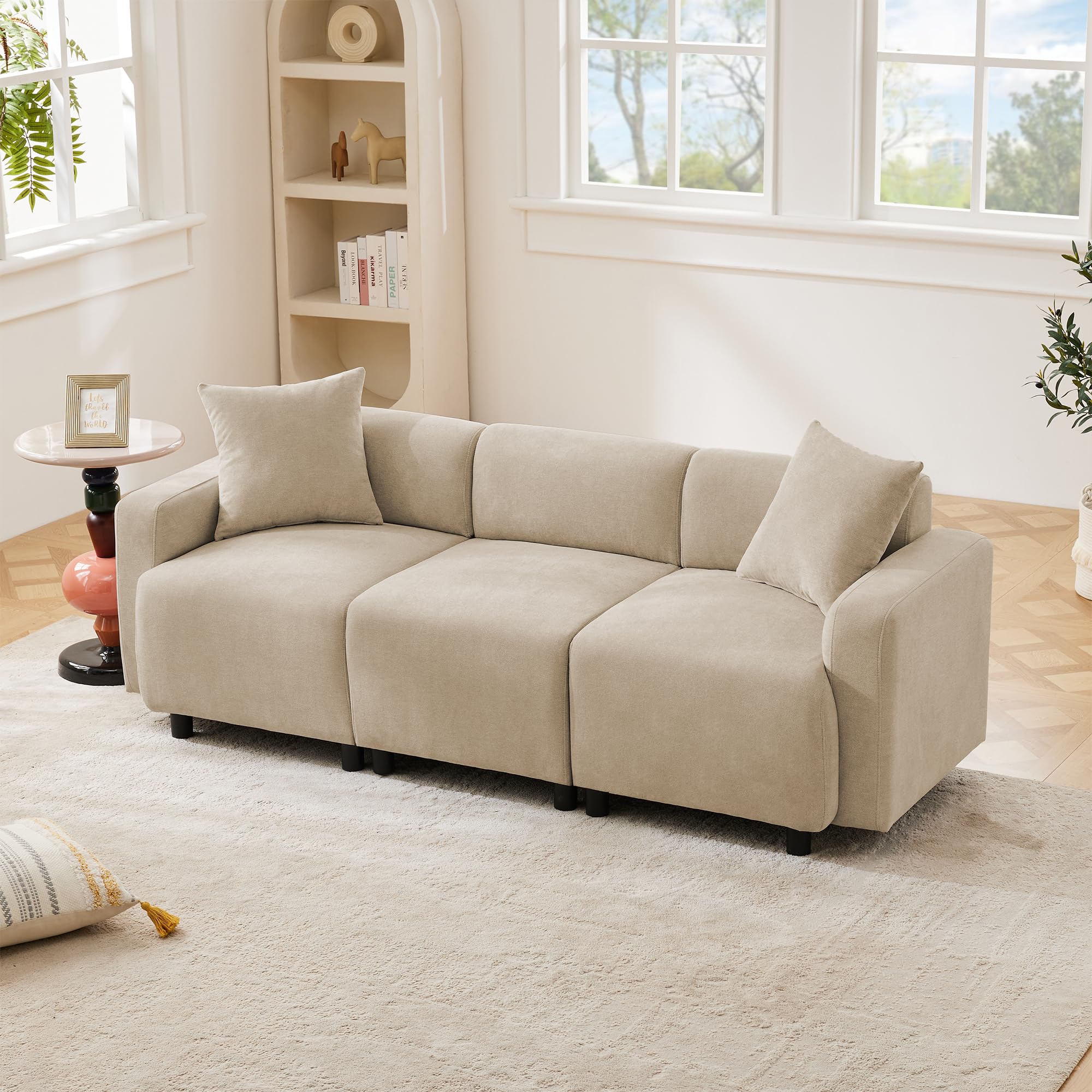 REXO Divano normale, design moderno, mobili imbottiti, divano a 3 posti, divano per soggiorno, con cuscini decorativi (Beige 3 posti)