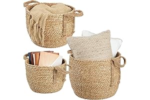 Round Braided Seagrass Storage Basket with Jute Handles