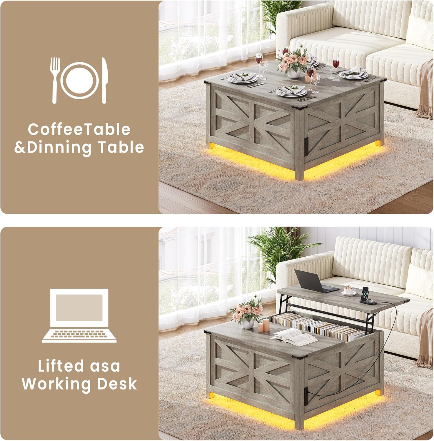 35.8" Farmhouse Coffee Table,Led Wood Coffee Table with Lift Top Storage, Square Coffee Tables with Large Hidden Storage Compartment,AC Outlet and Adjustable Shelves,Grey
