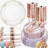 Ciaell 350 PCS Rose Gold Plastic Plates - Rose Gold Disposable Plates Dinnerware Include 50 Disposable Plate, 50 Heavy Duty Silverware, 50 Cups, 50 Napkins for Wedding & Anniversary & Easter