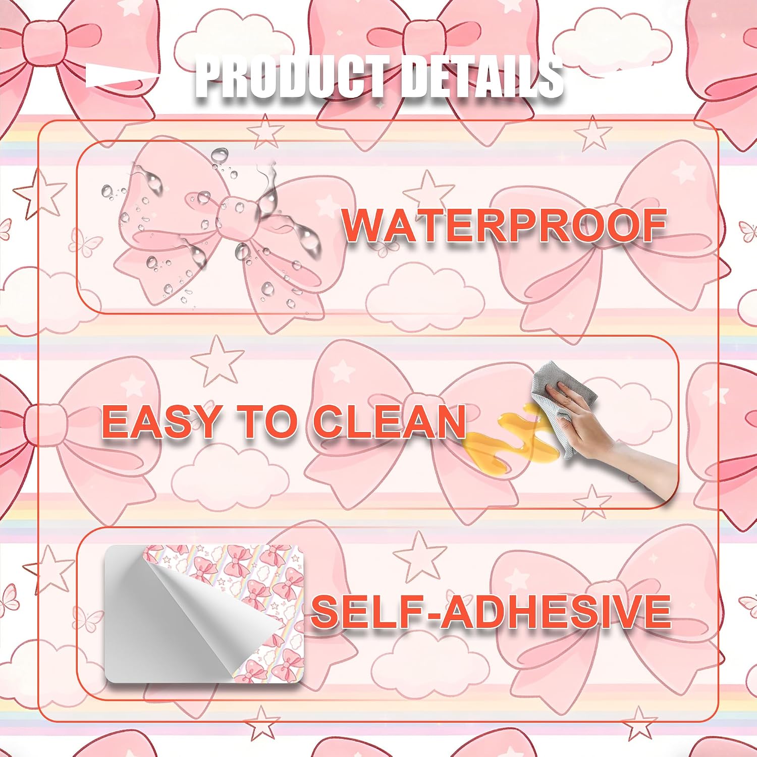 Cute Pink Bow Rainbow Wallpaper, Girls Bedroom Peel and Stick Bow Wallpaper Self-Adhesive Removable Renter Friendly Pink Wall Decor Contact Paper for Nursery Baby Room Cabinets Drawers 23x118IN