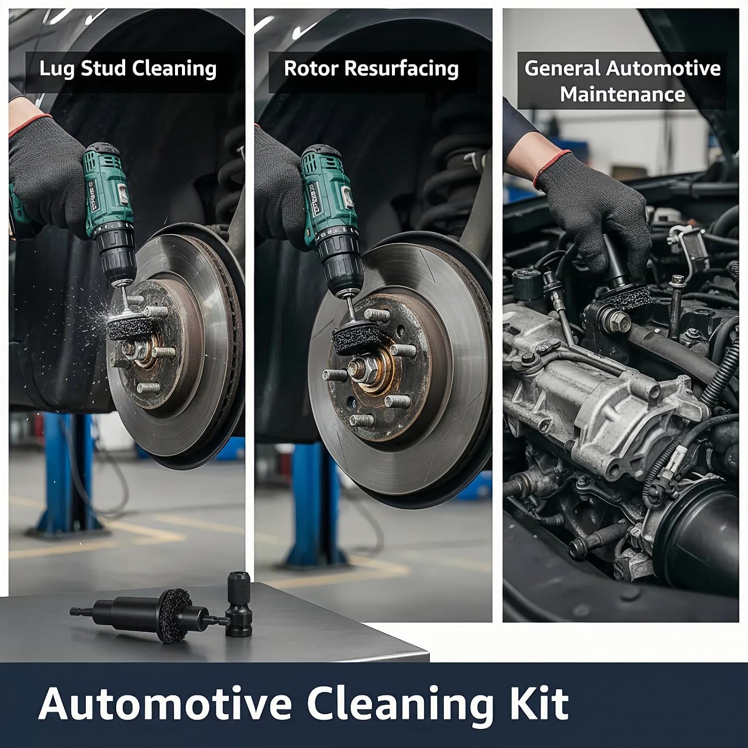 Wheel Hub Resurfacing Kit with 10 Grinding Pads, 1 Car Wash Mitt & 2 Polishing Sponges for Automotive Maintenance, Quick Rust Removal for Lug Studs and Rotors, Fits 1/2” Wrenches or Electric Drill