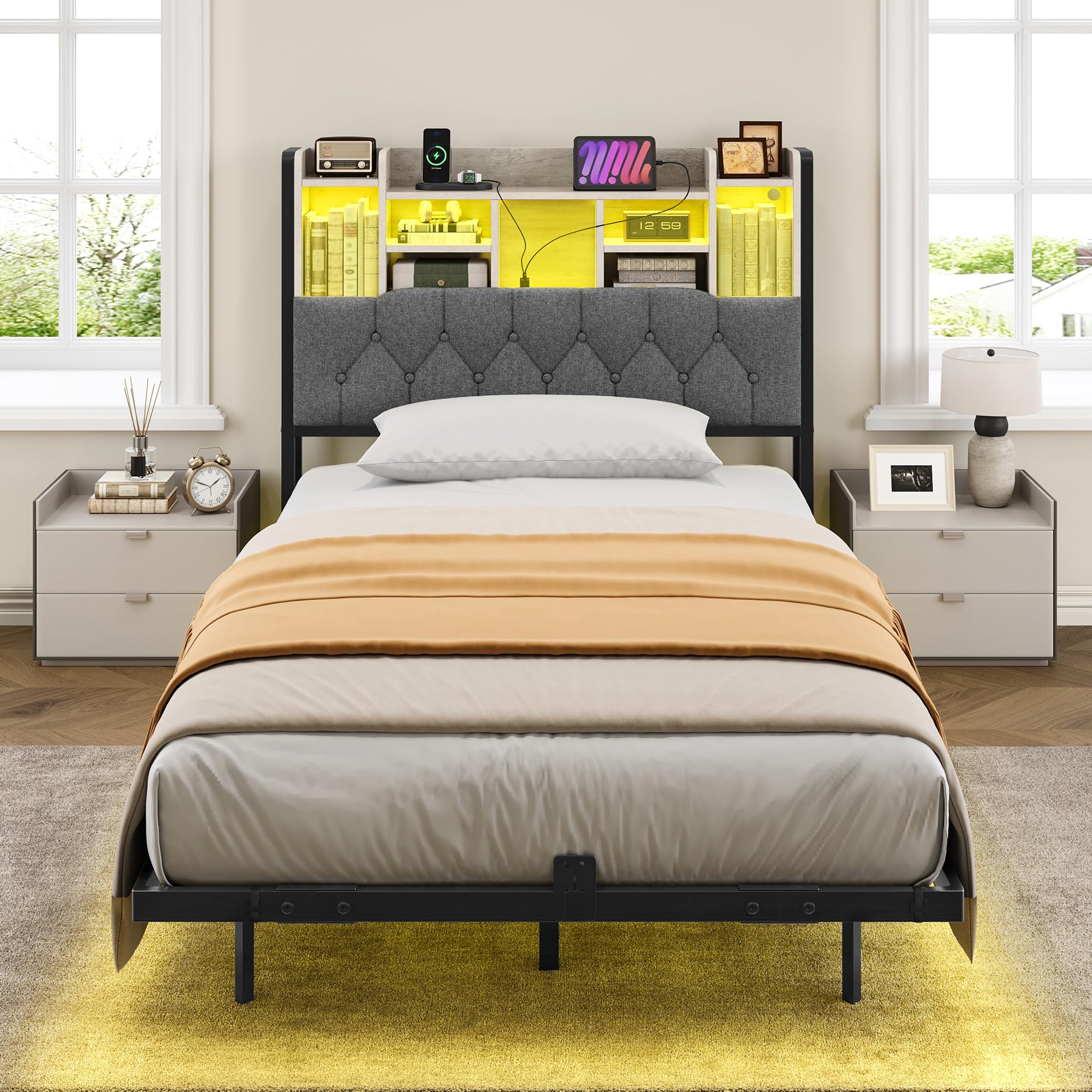YITAHOME Telaio da letto a LED con testiera, illuminazione,stazione di ricarica USB, con testiera, design fluttuante, struttura in metallo, rivestimento in tessuto grigio, senza materasso, 120X200CM