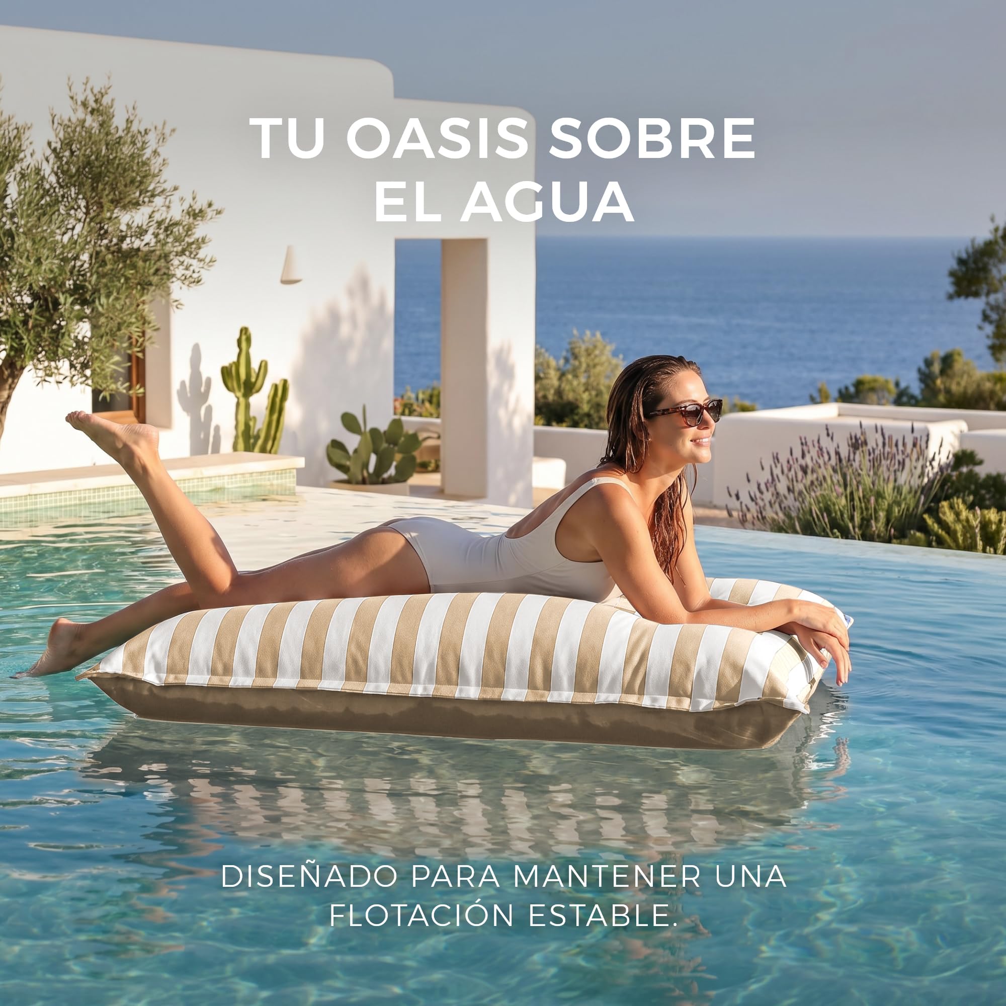 HAPPERS Big Puff Toldotex - Puff Gigante de Exterior e Interior, Puff Flotante para Piscina y Jardín, Tela Resistente al Sol y Agua, Relleno Incluido, Desenfundable y Lavable, 127x155 cm, Beige