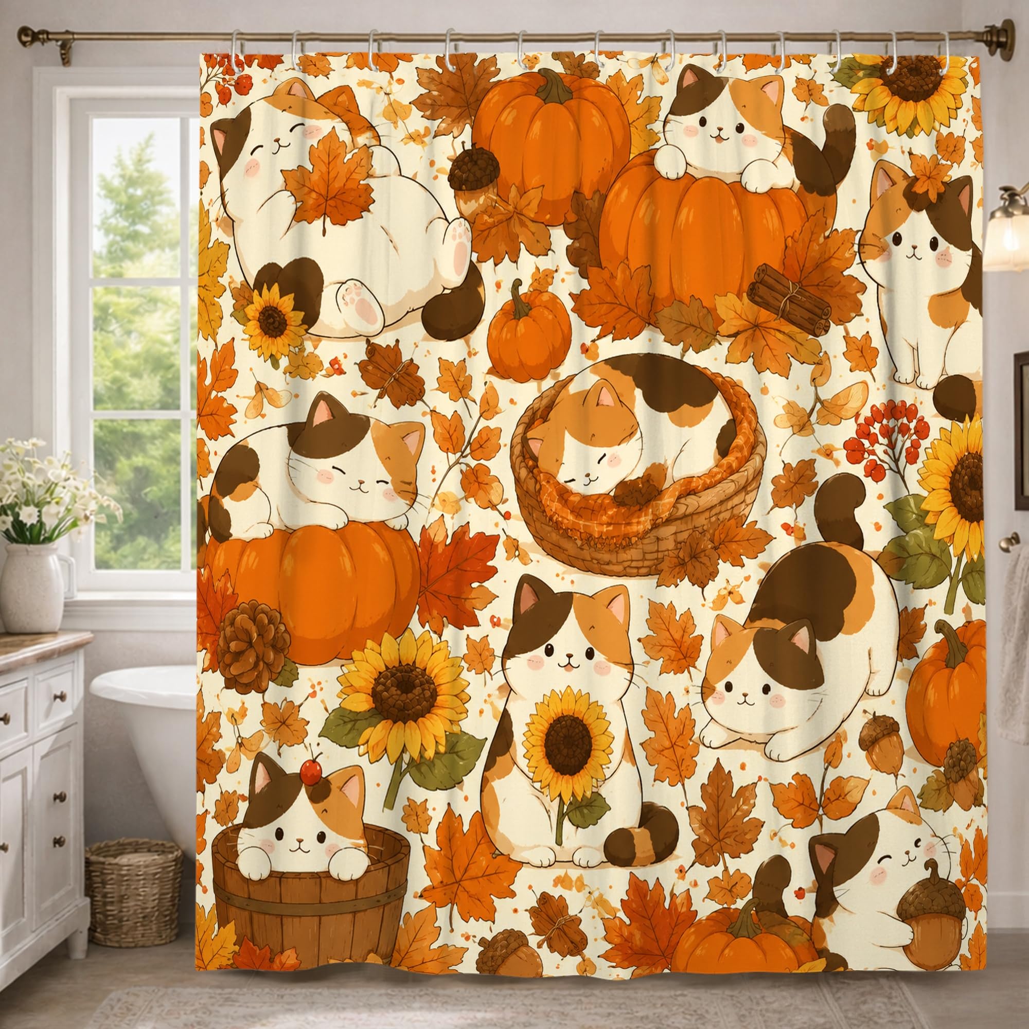 Rideau de douche extra long chat et citrouilles 183x243 cm lavable pour baignoire d'appartement