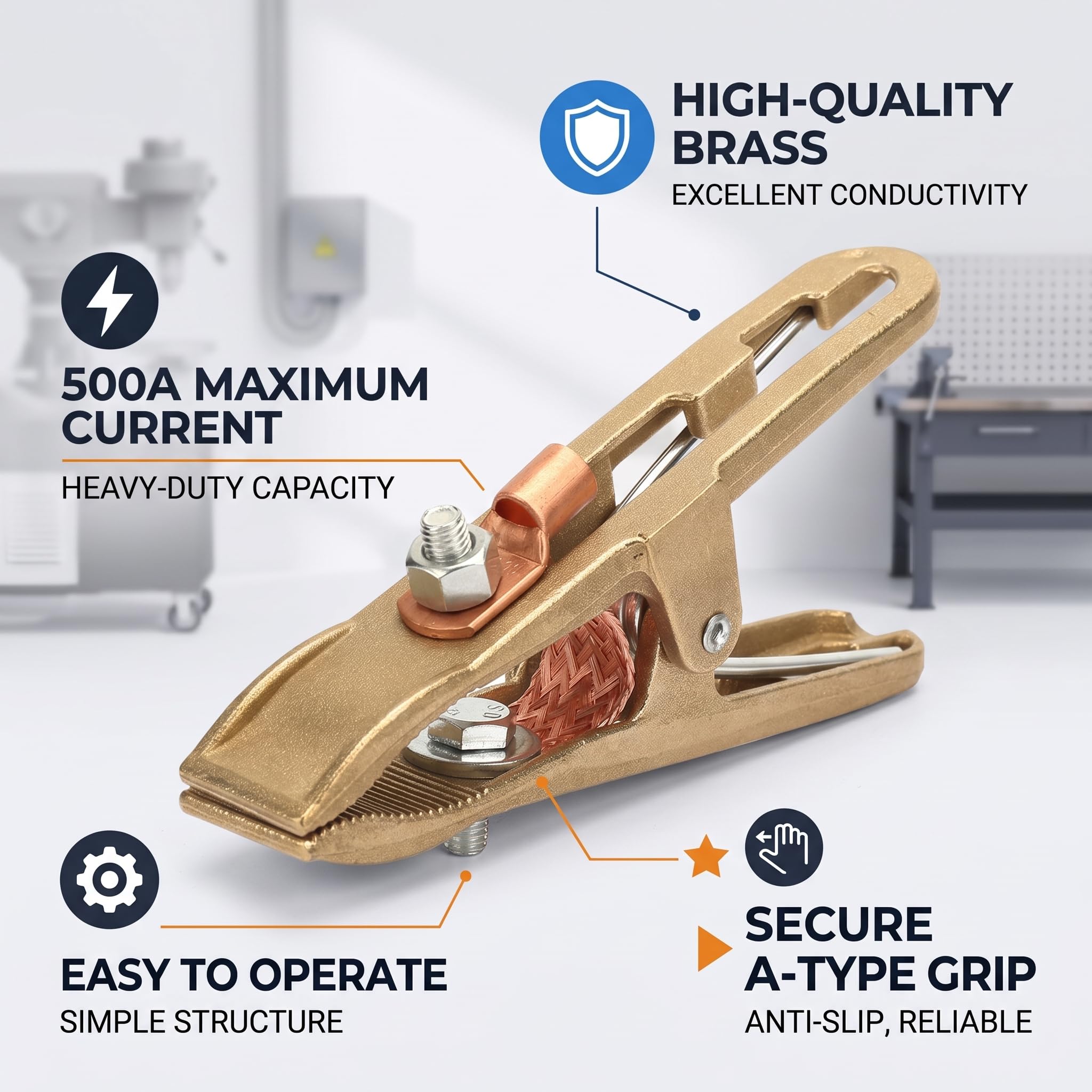Fafeicy Morsetto di Terra in Ottone per Saldatura 500A | Pinza massa industriale/navale, Alta conduttività, Anti-ossidazione, Struttura semplice/affidabile, Settori pesanti